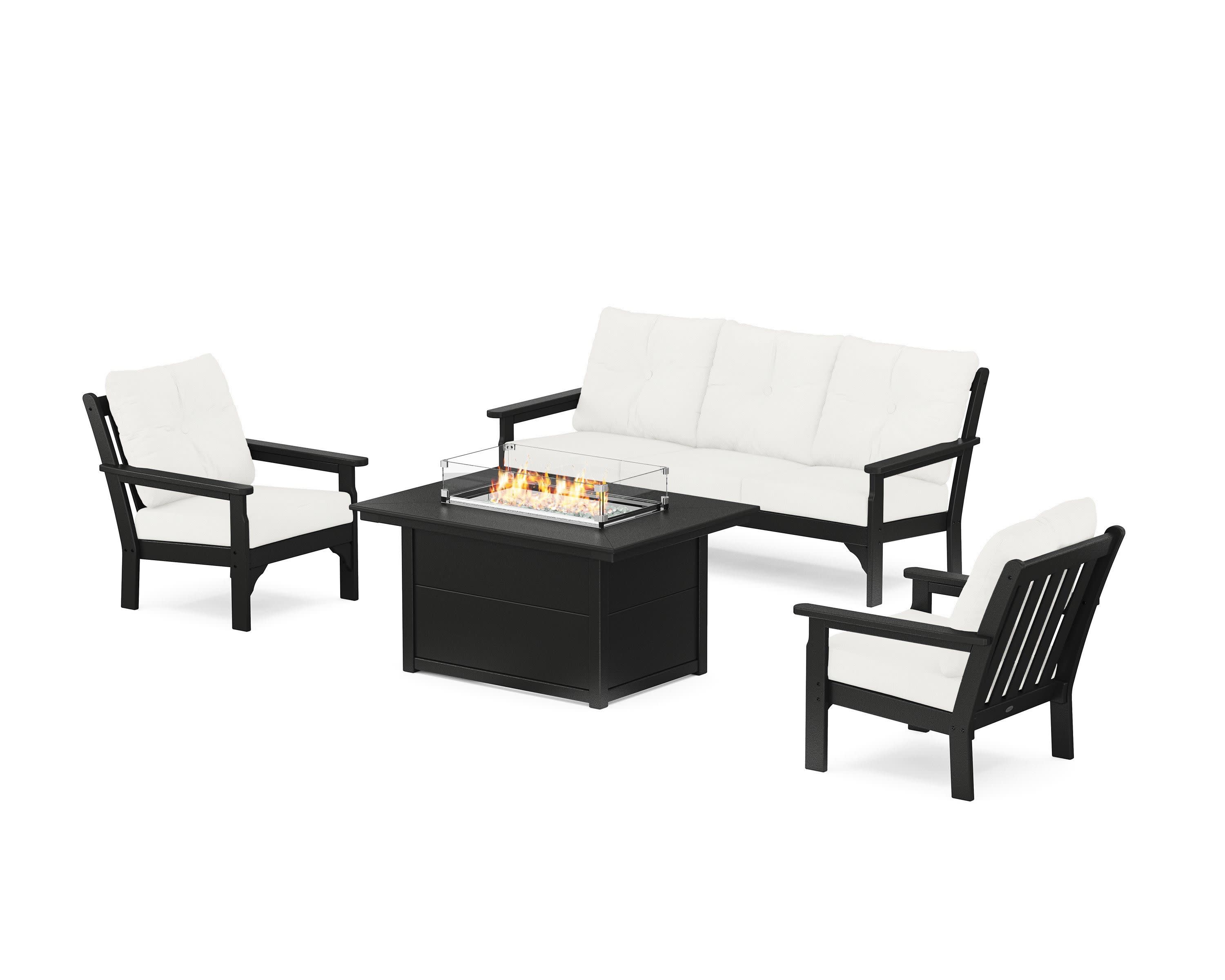 Vineyard Deep Seating Fire Pit Table Set in Black / Natural Linen