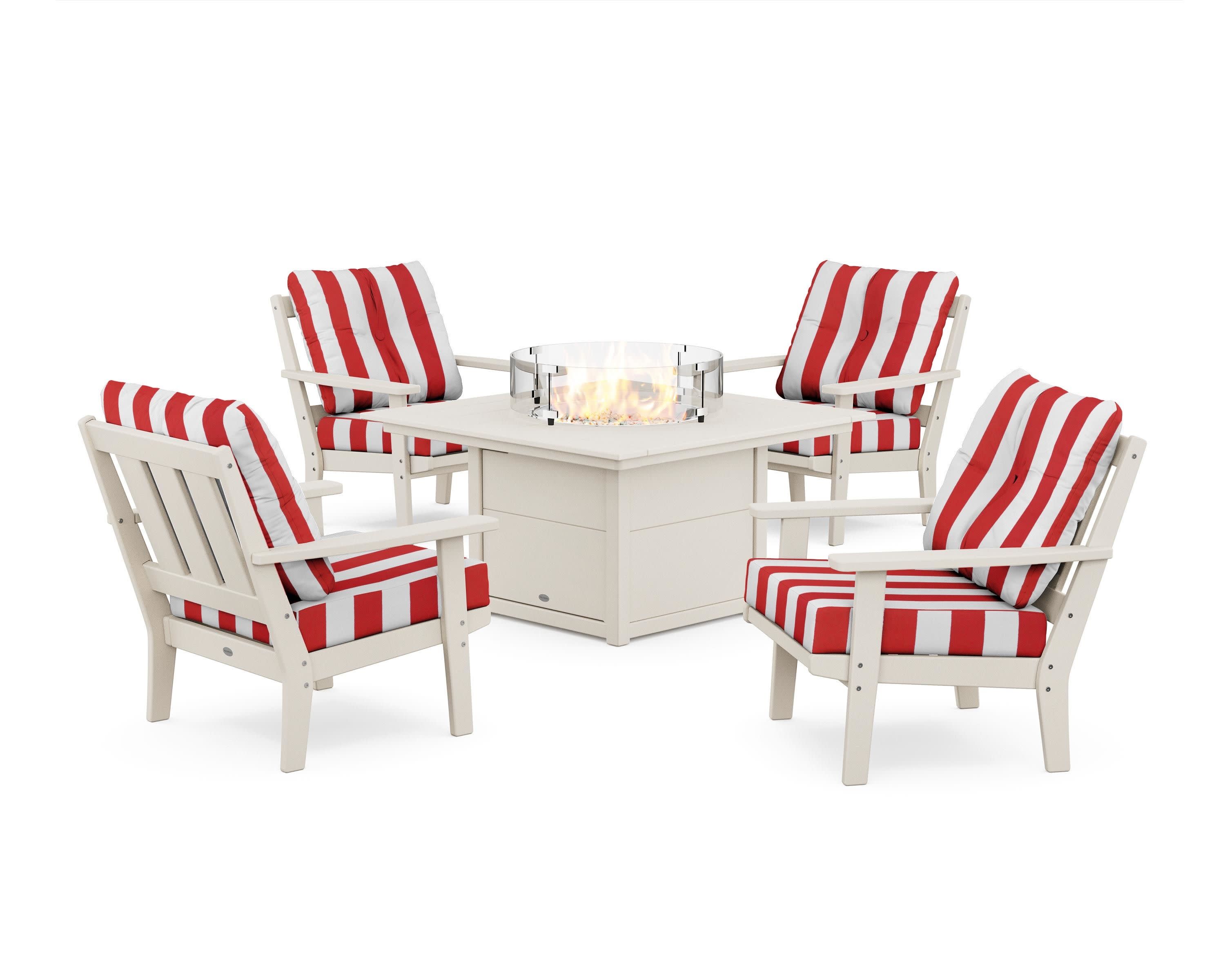 Oxford 5-Piece Deep Seating Set with Fire Pit Table in Sand / Cabana Stripe Crimson