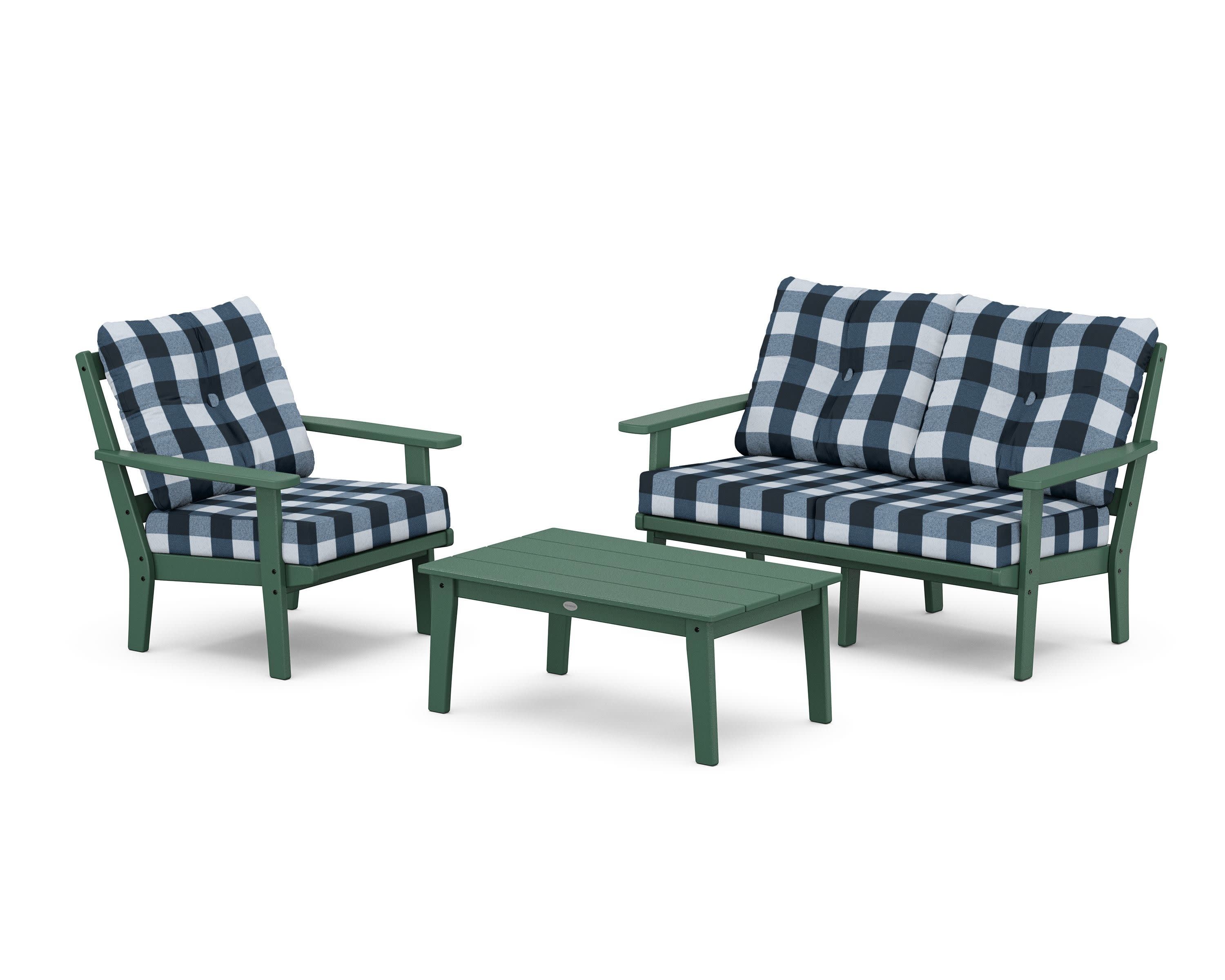 Oxford 3-Piece Deep Seating Set with Loveseat in Green / Buffalo Plaid Marine Indigo