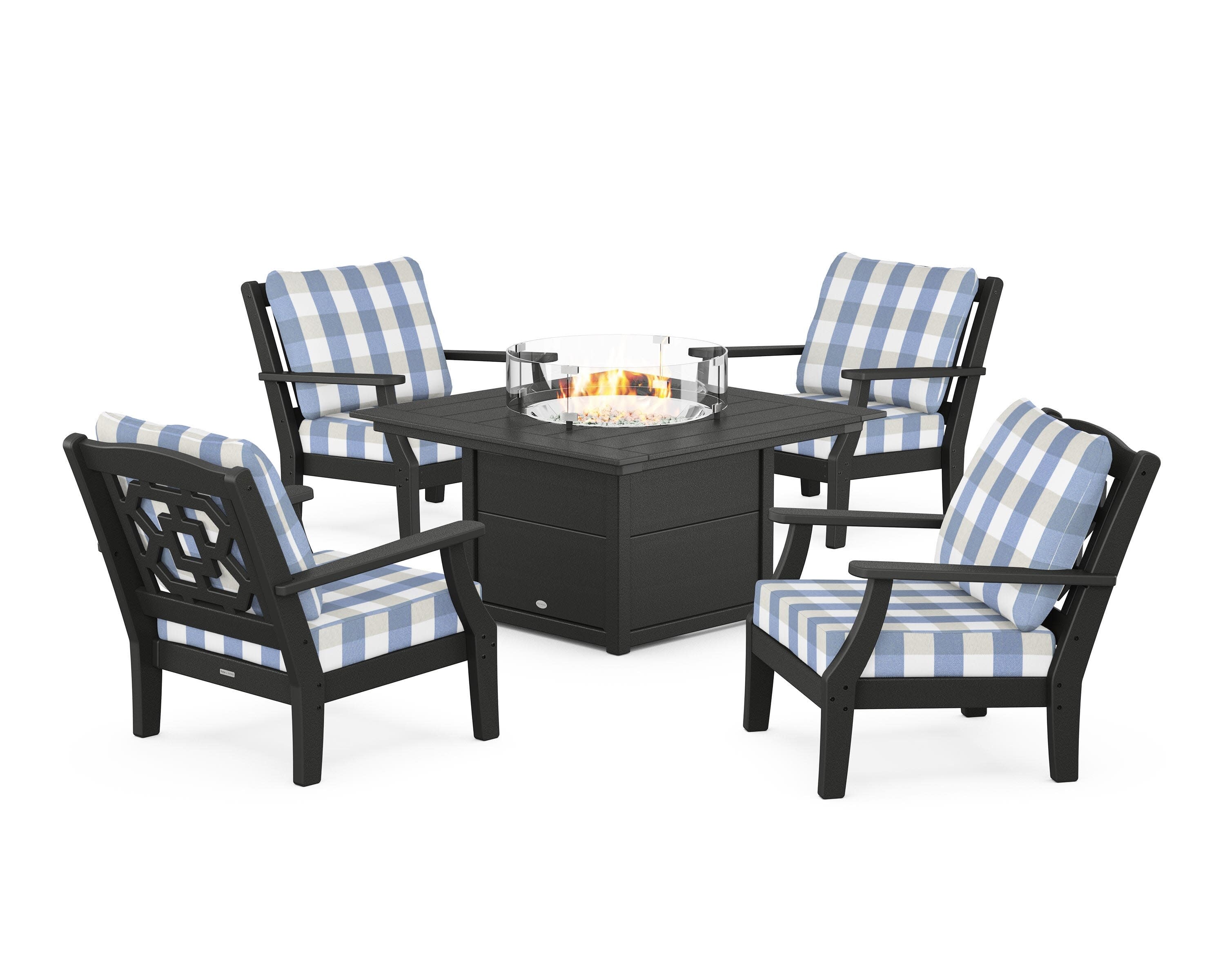Chinoiserie 5-Piece Deep Seating Set with Fire Pit Table in Black / Buffalo Plaid Sky Blue