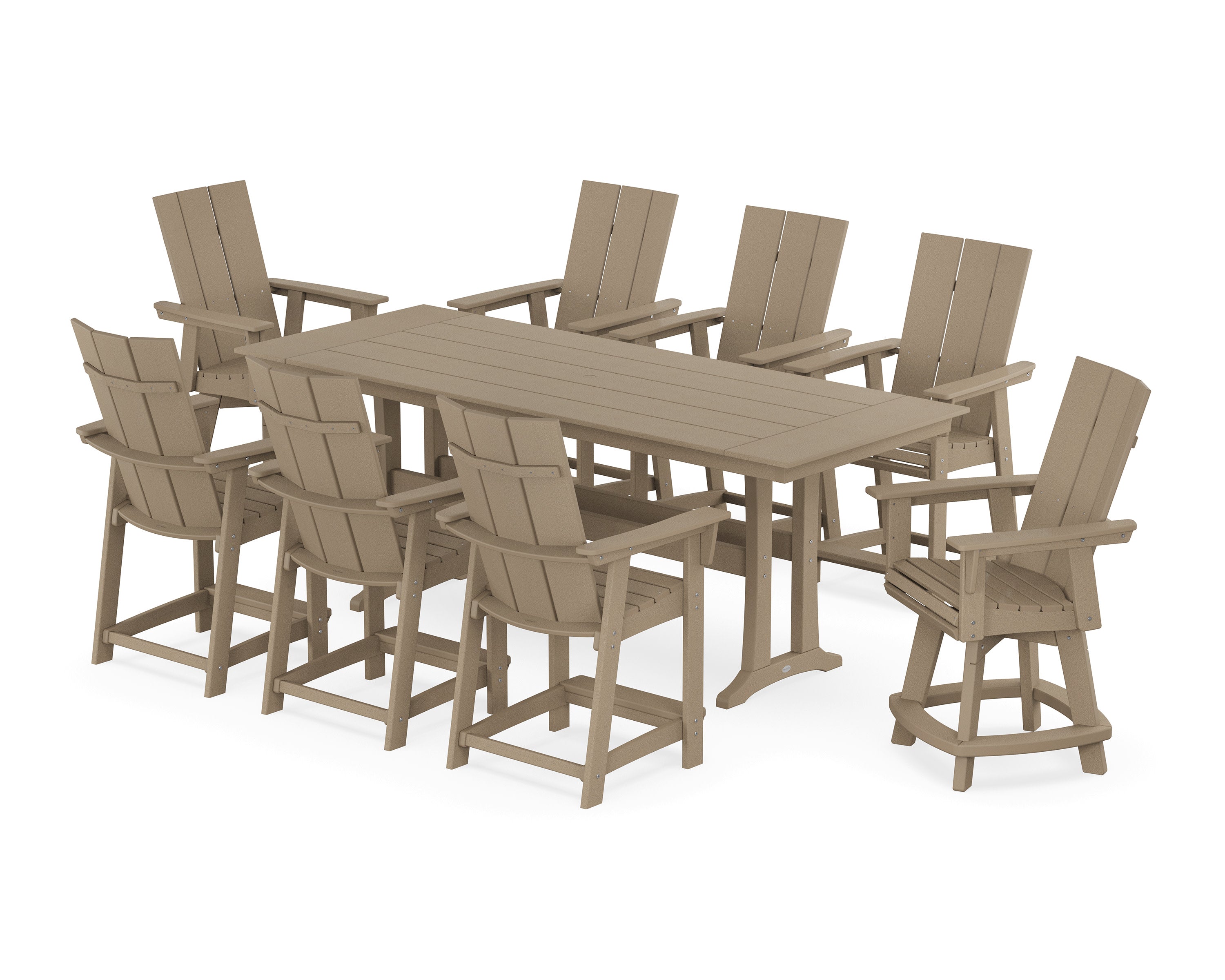 Modern Curveback Adirondack Swivel 9-Piece Farmhouse Counter Set with Trestle Legs in Vintage Sahara