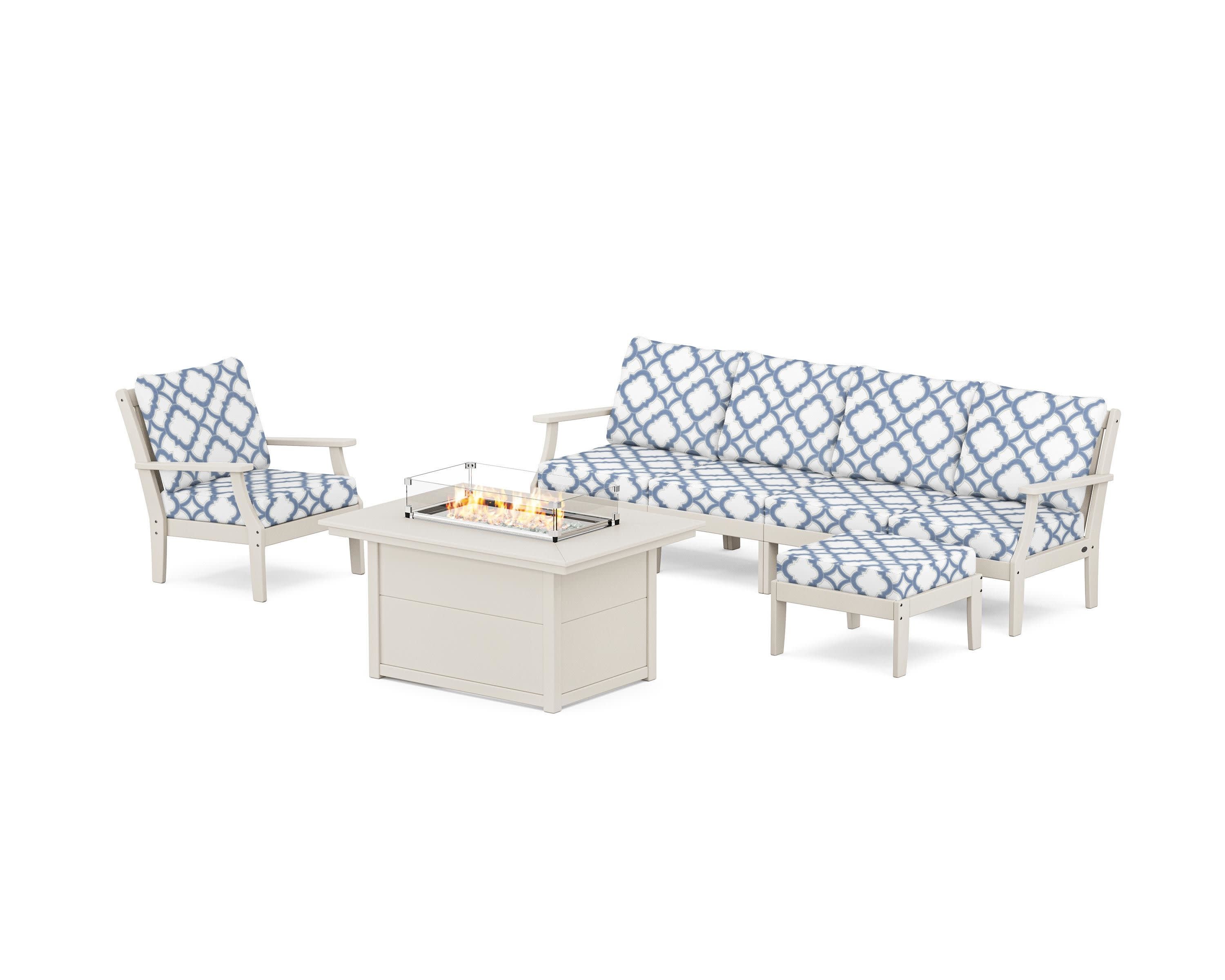 Braxton Sectional Lounge and Fire Pit Set in Sand / Trellis Sky Blue