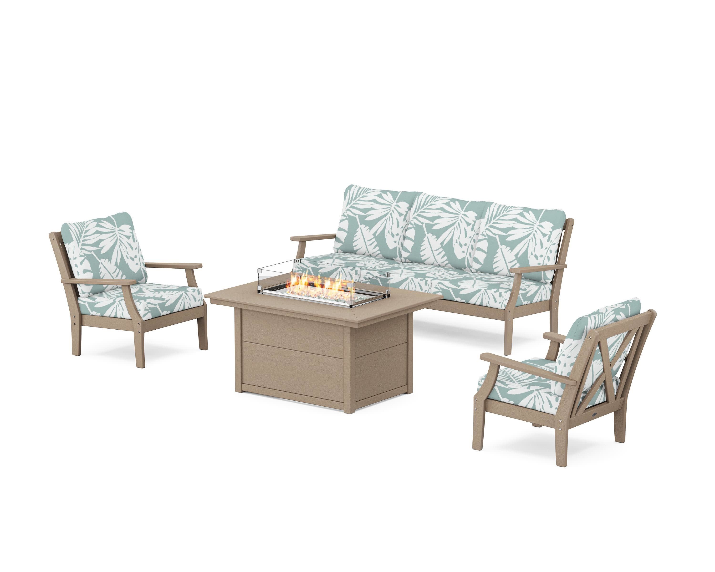 Braxton Deep Seating Fire Pit Table Set in Vintage Sahara / Leaf Glacier Spa