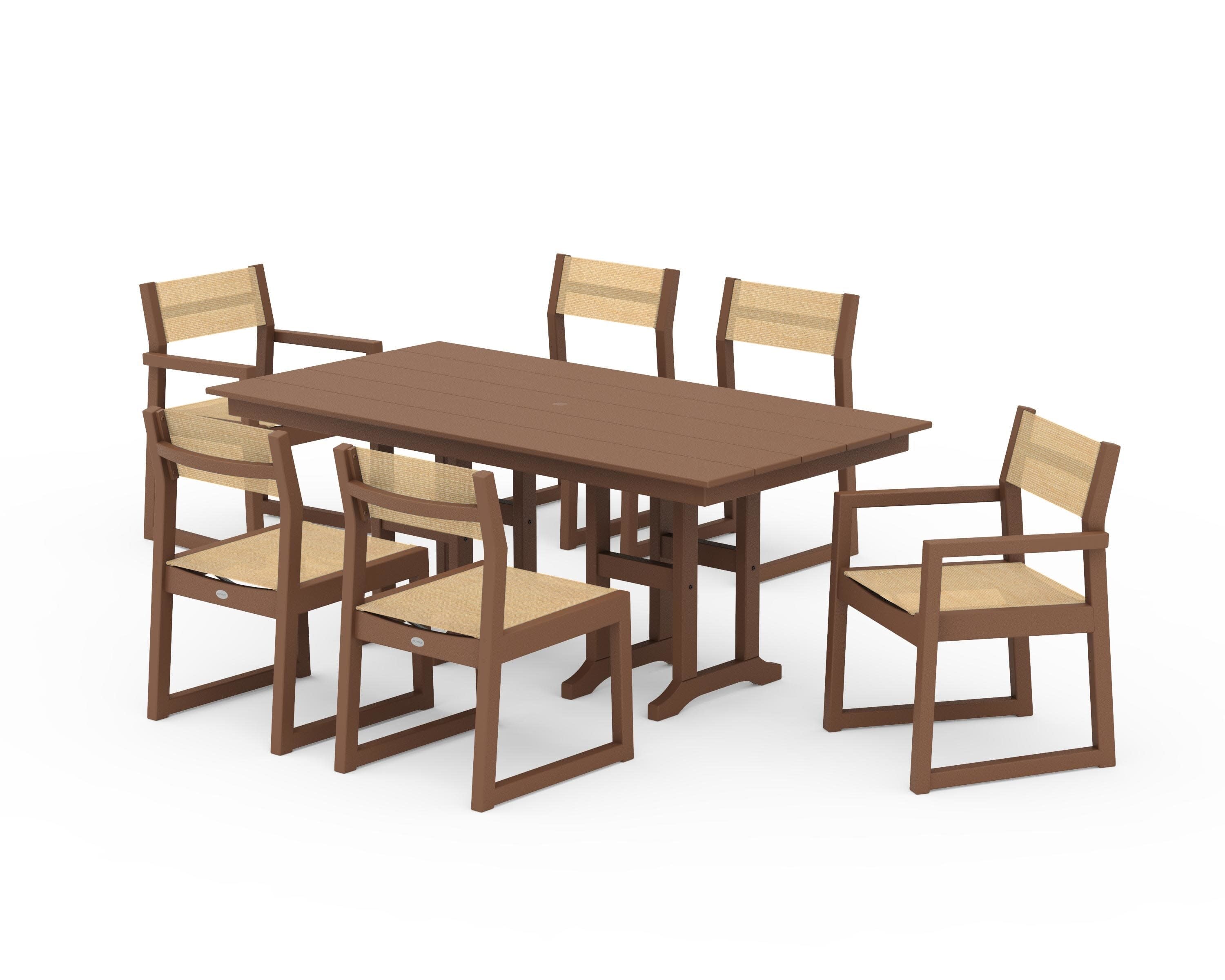 EDGE Sling 7-Piece Farmhouse Dining Set in Teak / Dupioni Apricot Sling