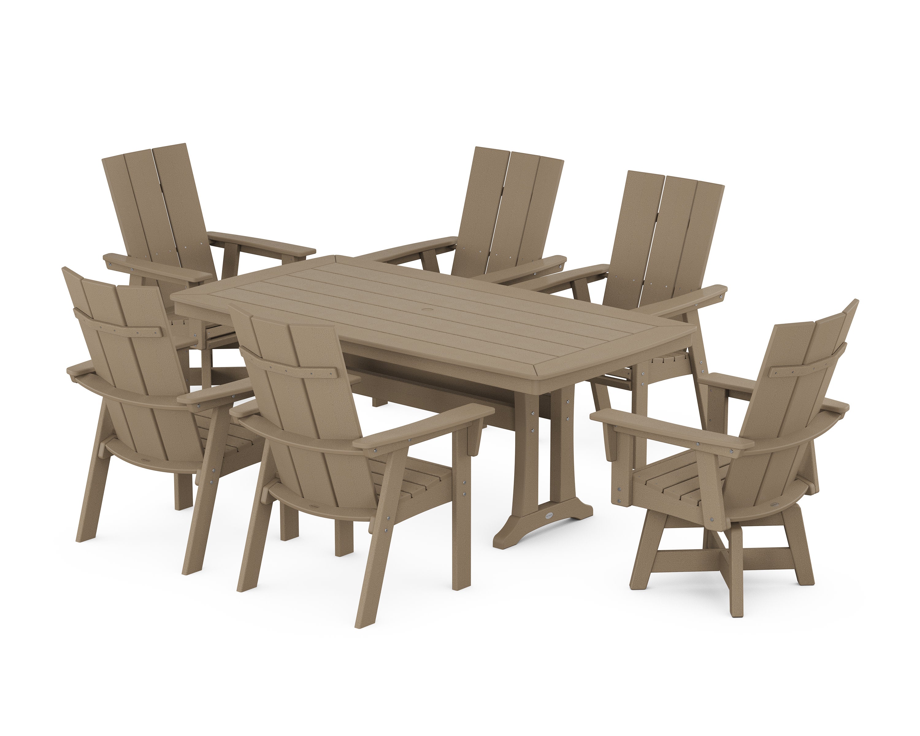 Modern Adirondack Swivel Chair 7-Piece Dining Set with Trestle Legs in Vintage Sahara