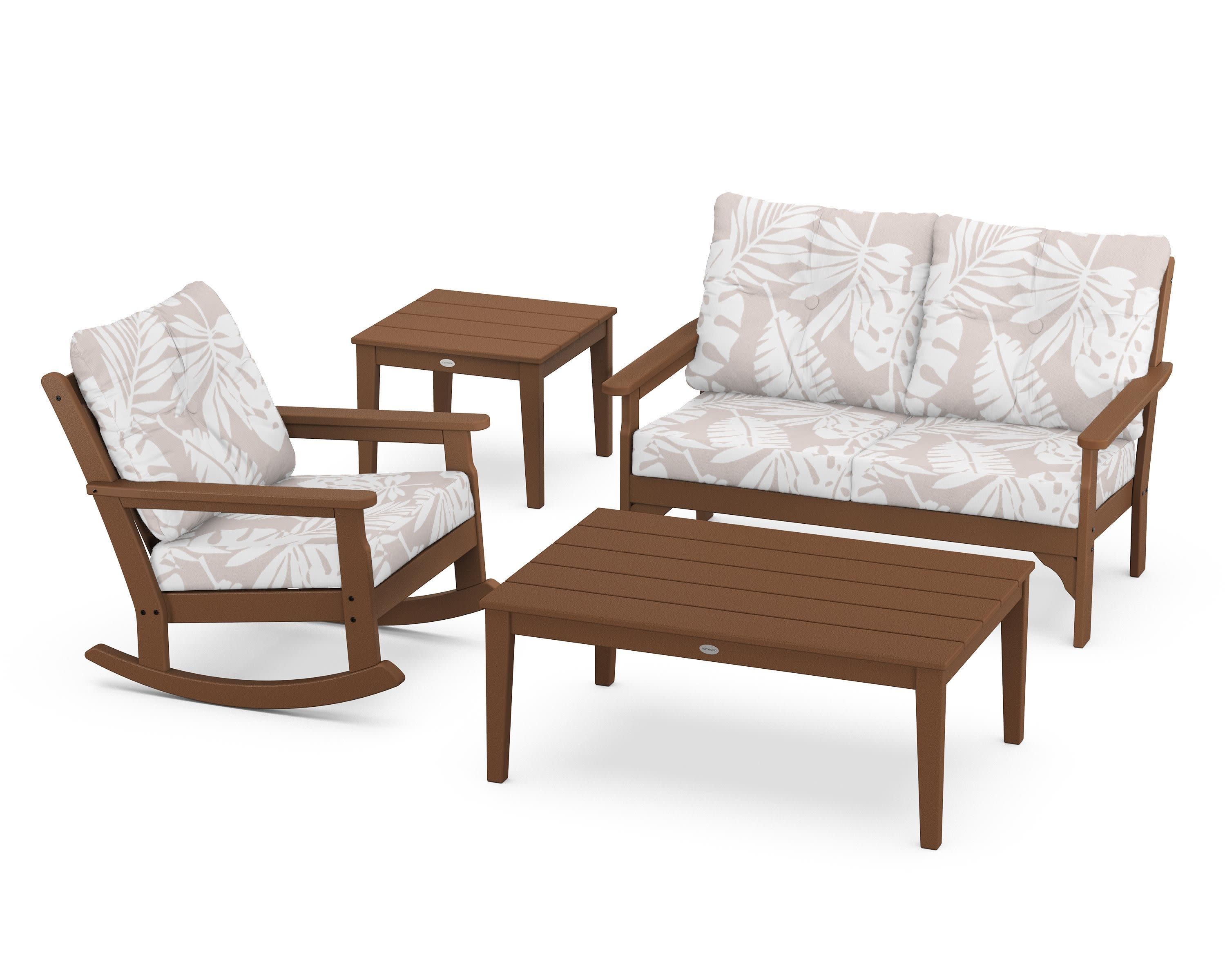Vineyard 4-Piece Deep Seating Rocker Set in Teak / Leaf Dune Burlap