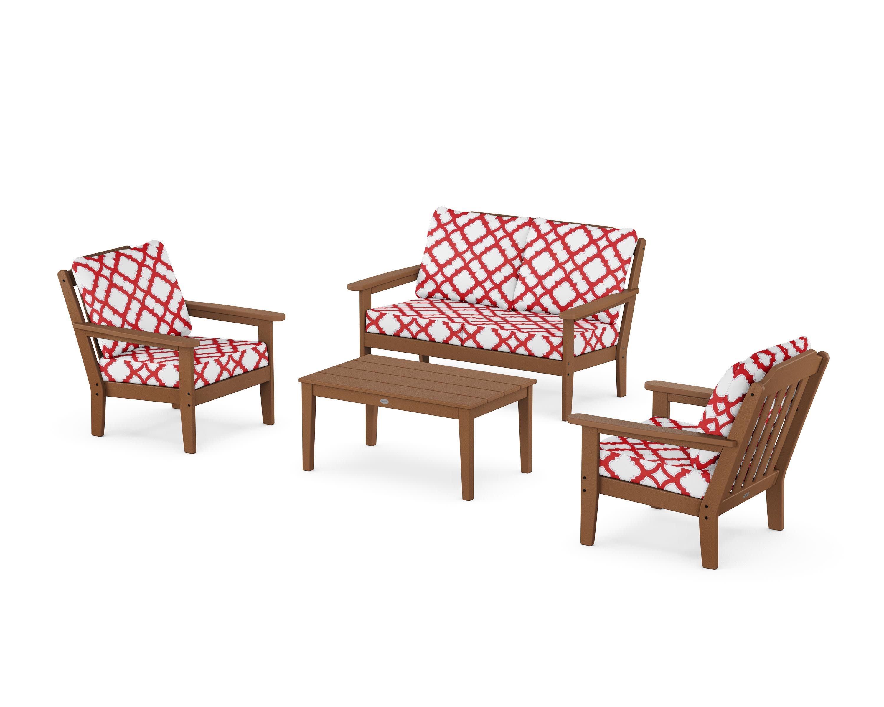 Cottage 4-Piece Deep Seating Set with Loveseat in Teak / Trellis Crimson