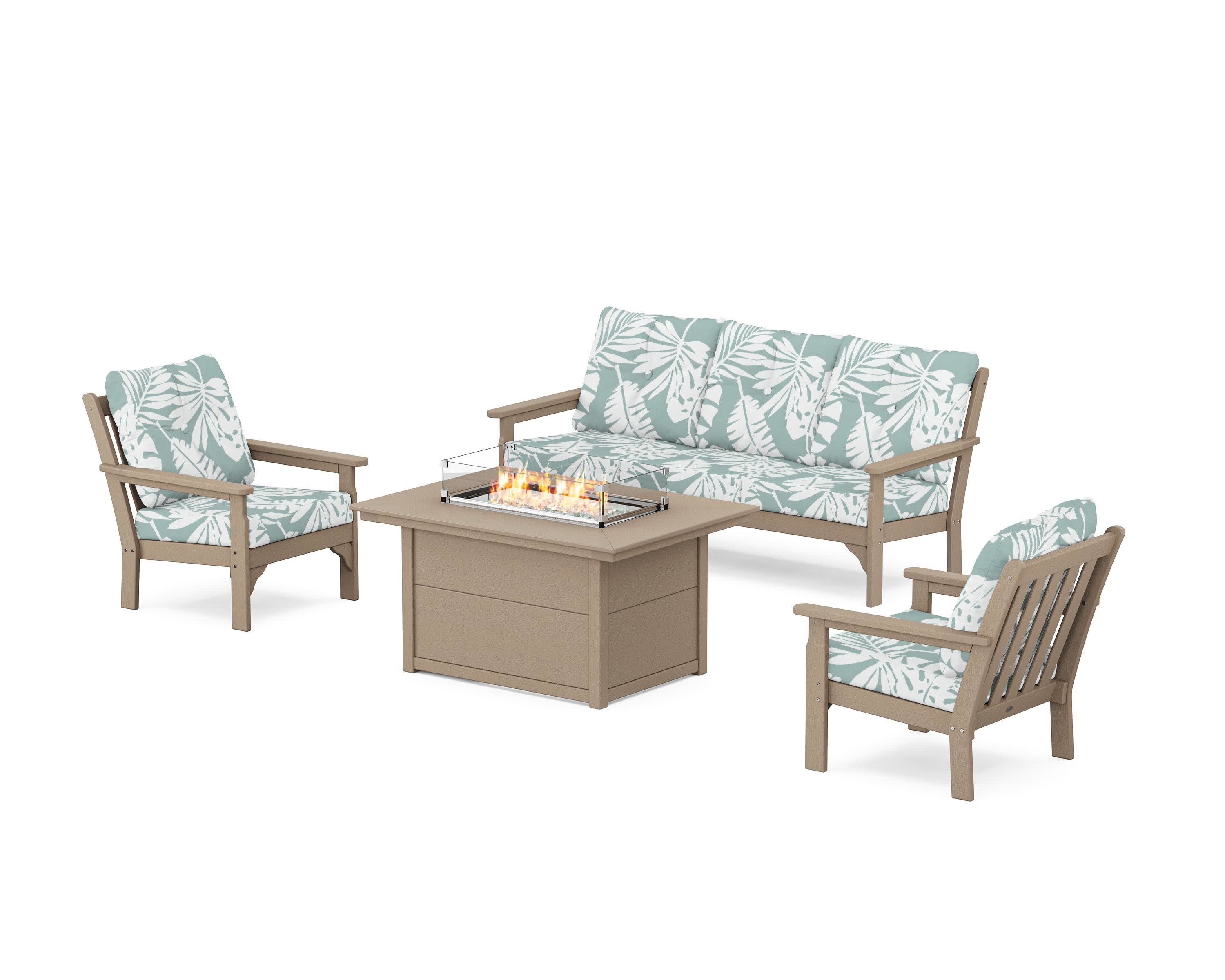 Vineyard Deep Seating Fire Pit Table Set in Vintage Sahara / Leaf Glacier Spa