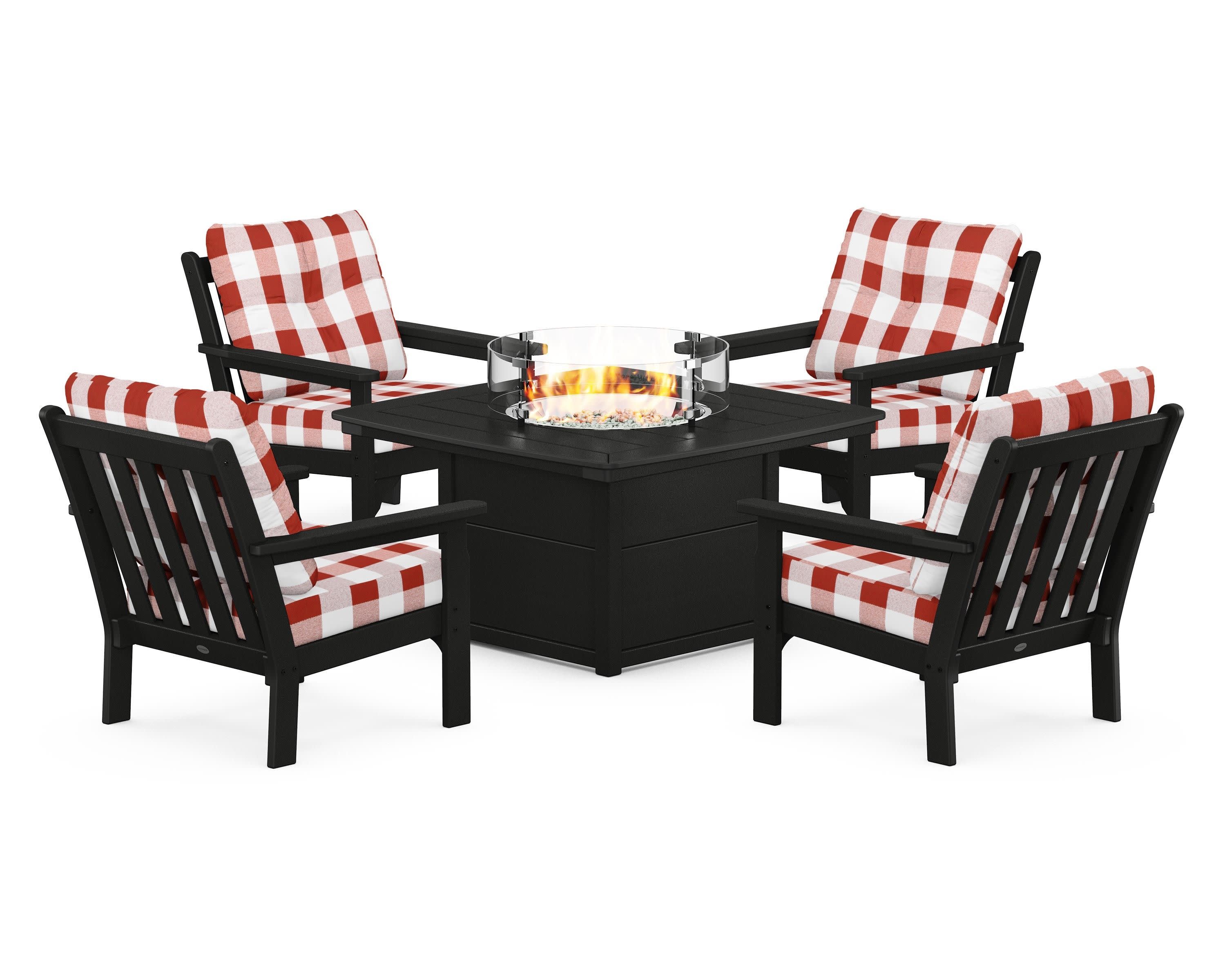 Vineyard 5-Piece Conversation Set with Fire Pit Table in Black / Buffalo Plaid Crimson