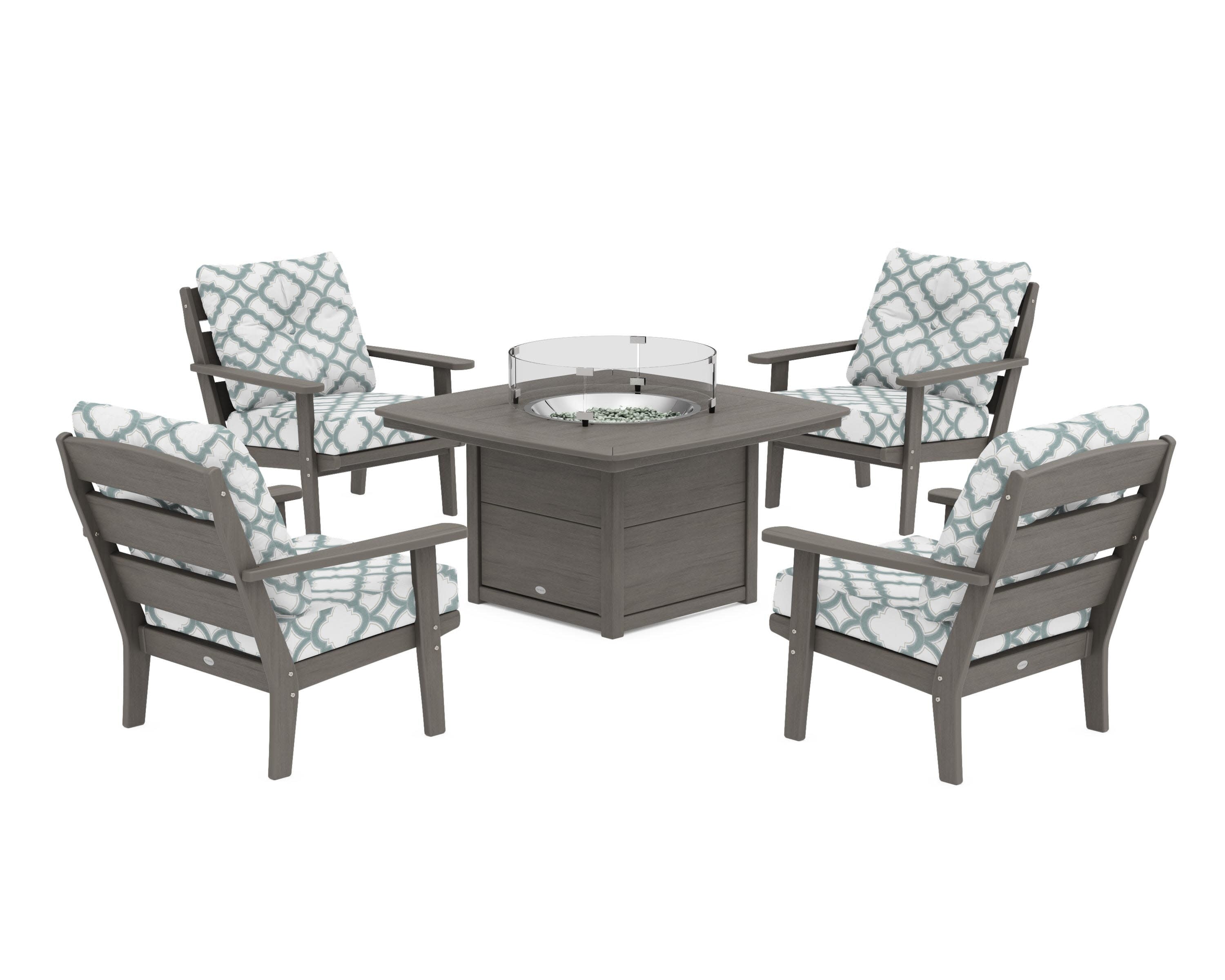 Lakeside 5-Piece Deep Seating Set with Nautical Fire Pit Table in Driftwood / Trellis Glacier Spa