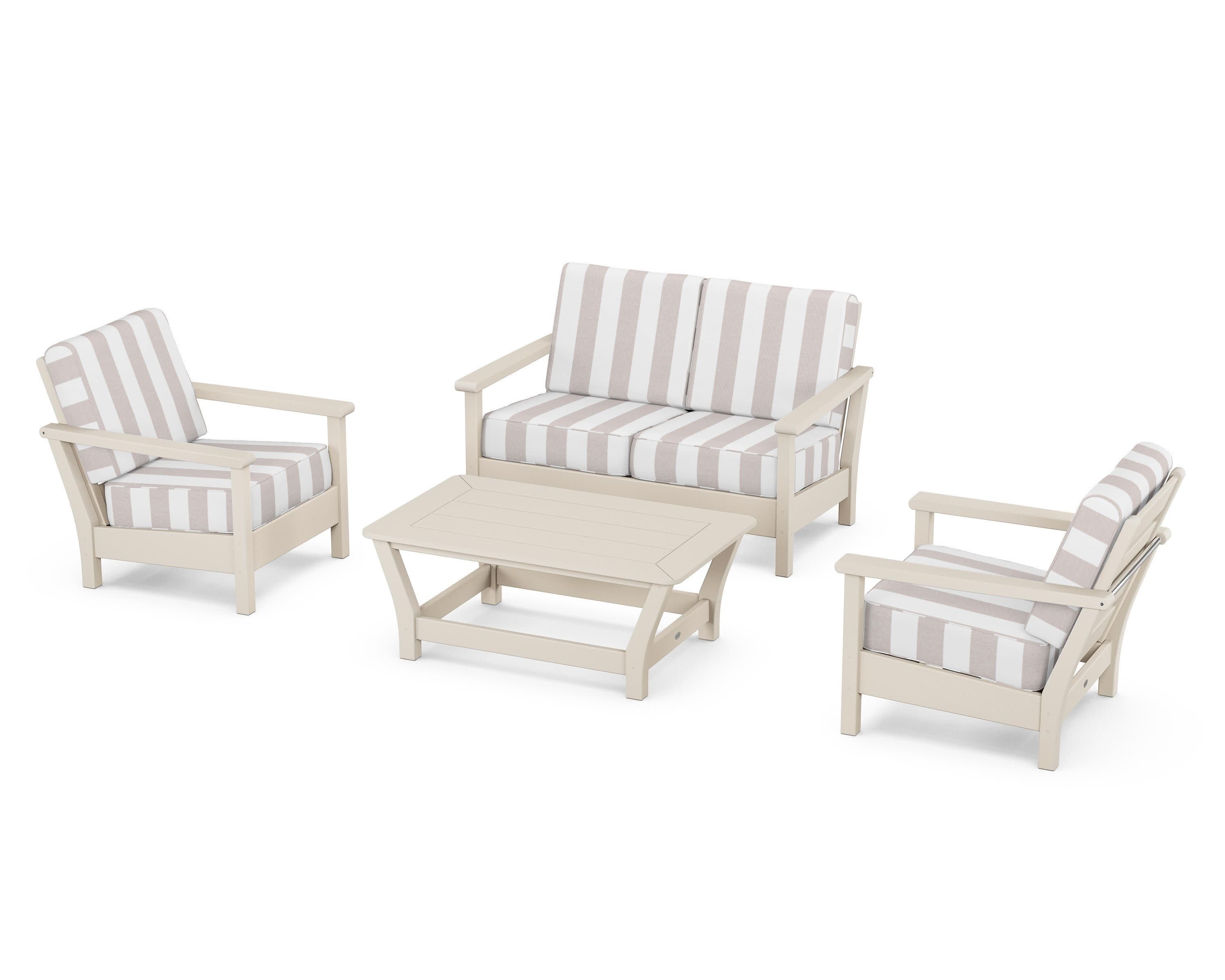 Harbour 4-Piece Deep Seating Set in Sand / Cabana Stripe Dune Burlap