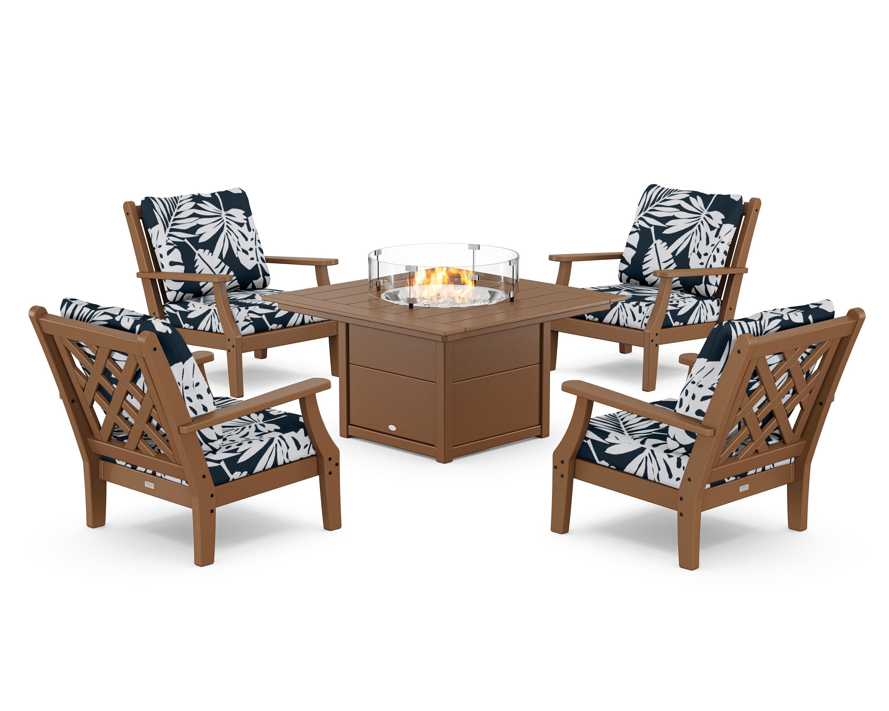 Wovendale 5-Piece Deep Seating Set with Fire Pit Table in Teak / Leaf Marine Indigo