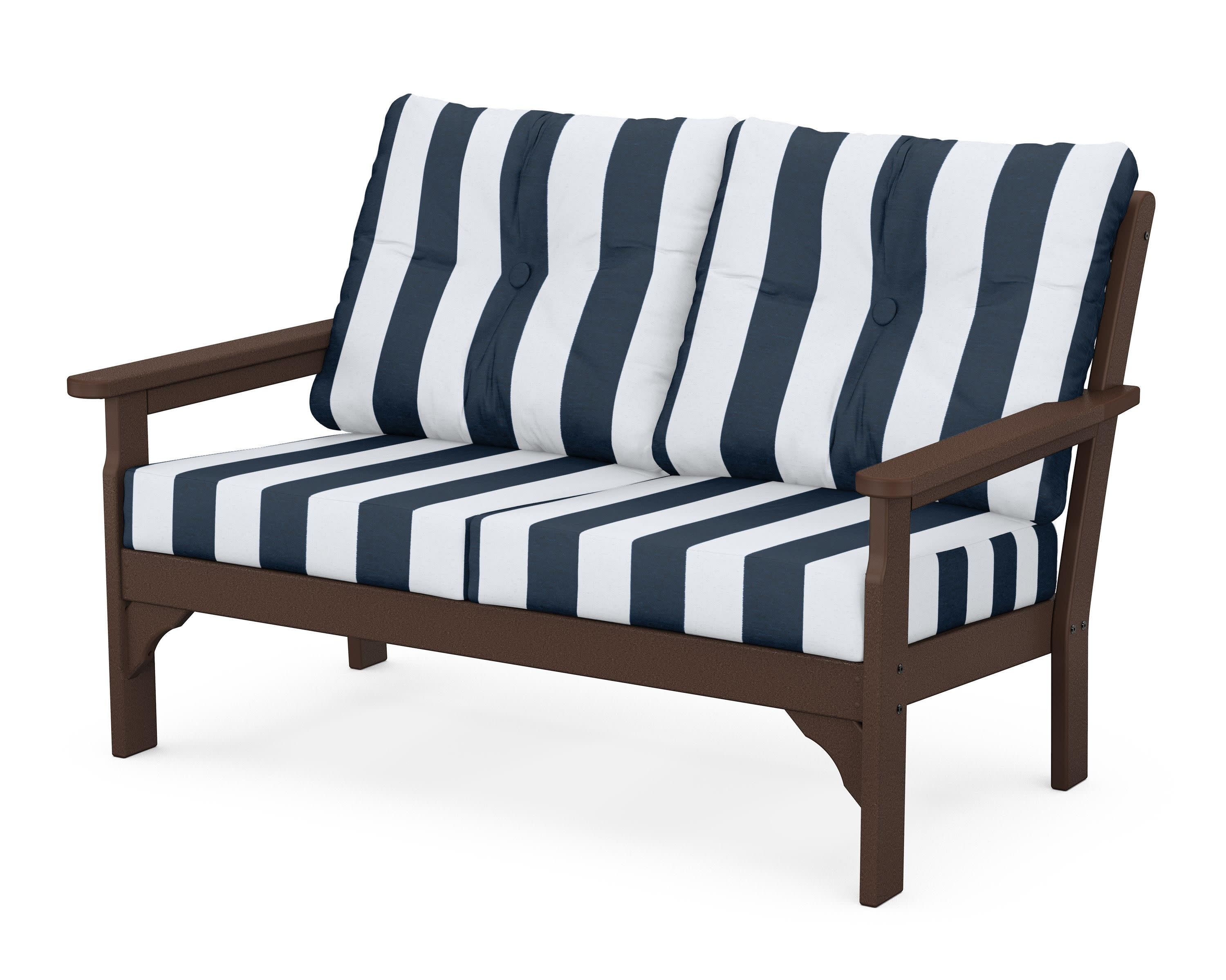 Vineyard Deep Seating Loveseat in Mahogany / Cabana Stripe Marine Indigo