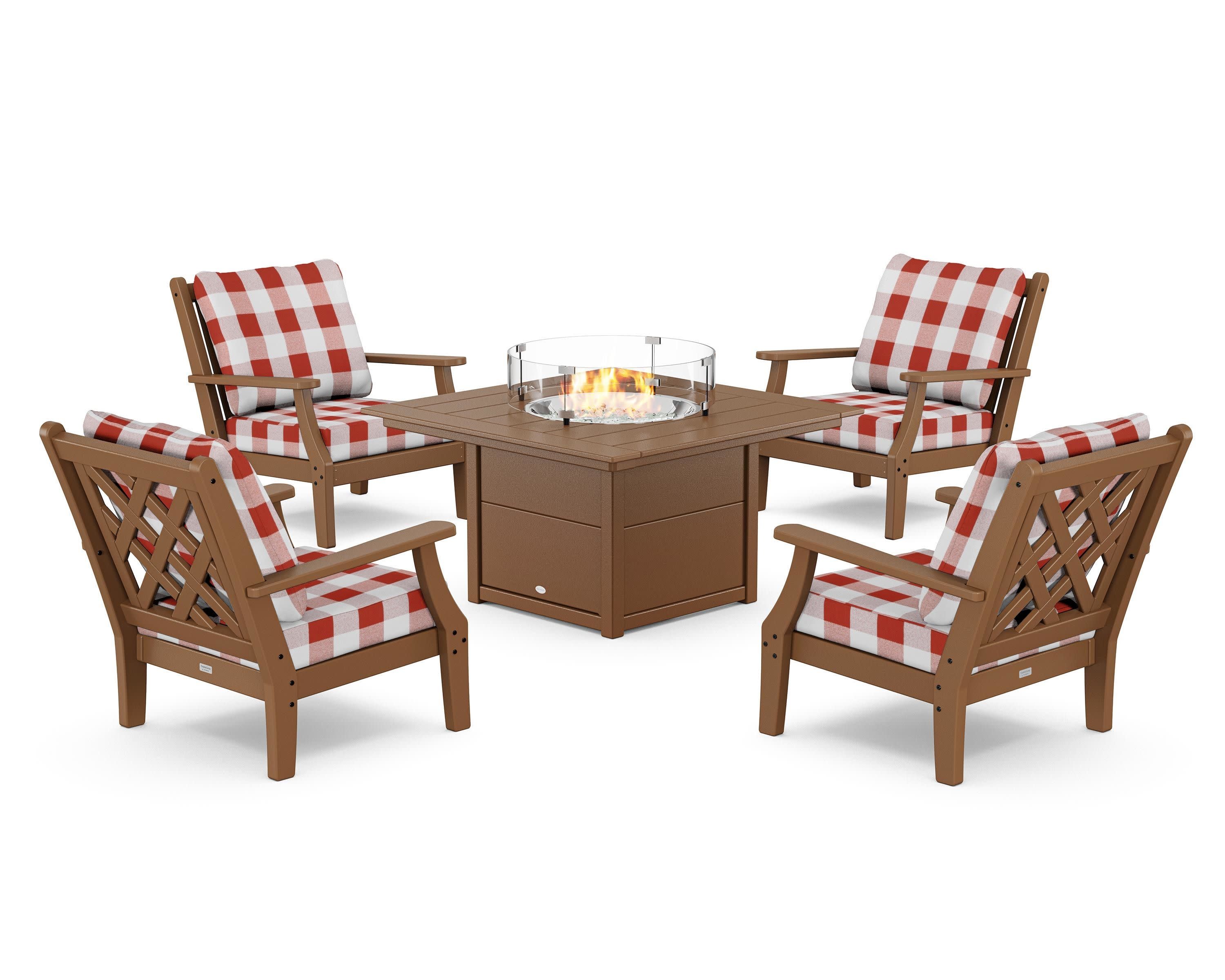 Wovendale 5-Piece Deep Seating Set with Fire Pit Table in Teak / Buffalo Plaid Crimson