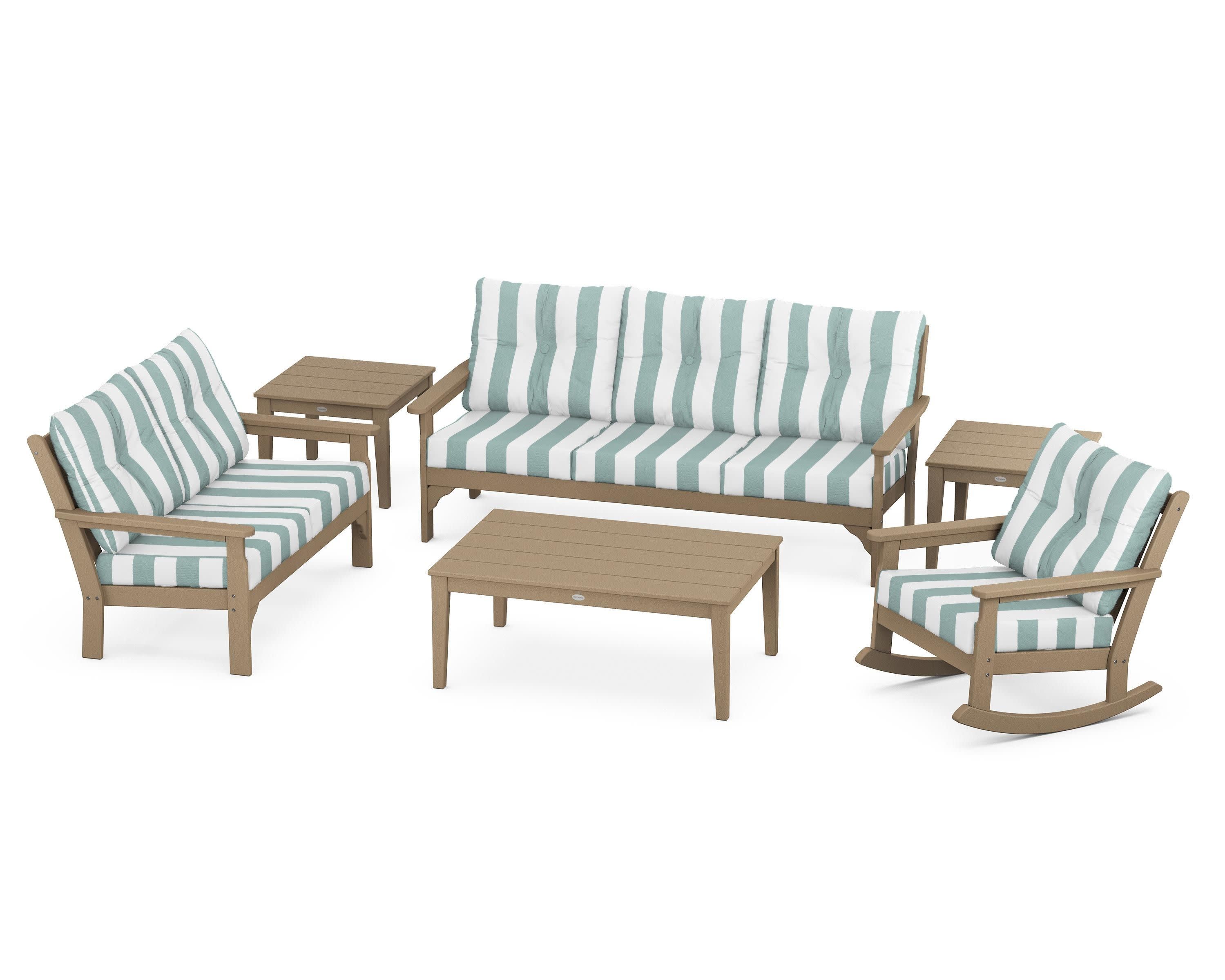 Vineyard 6-Piece Deep Seating Set in Vintage Sahara / Cabana Stripe Glacier Spa