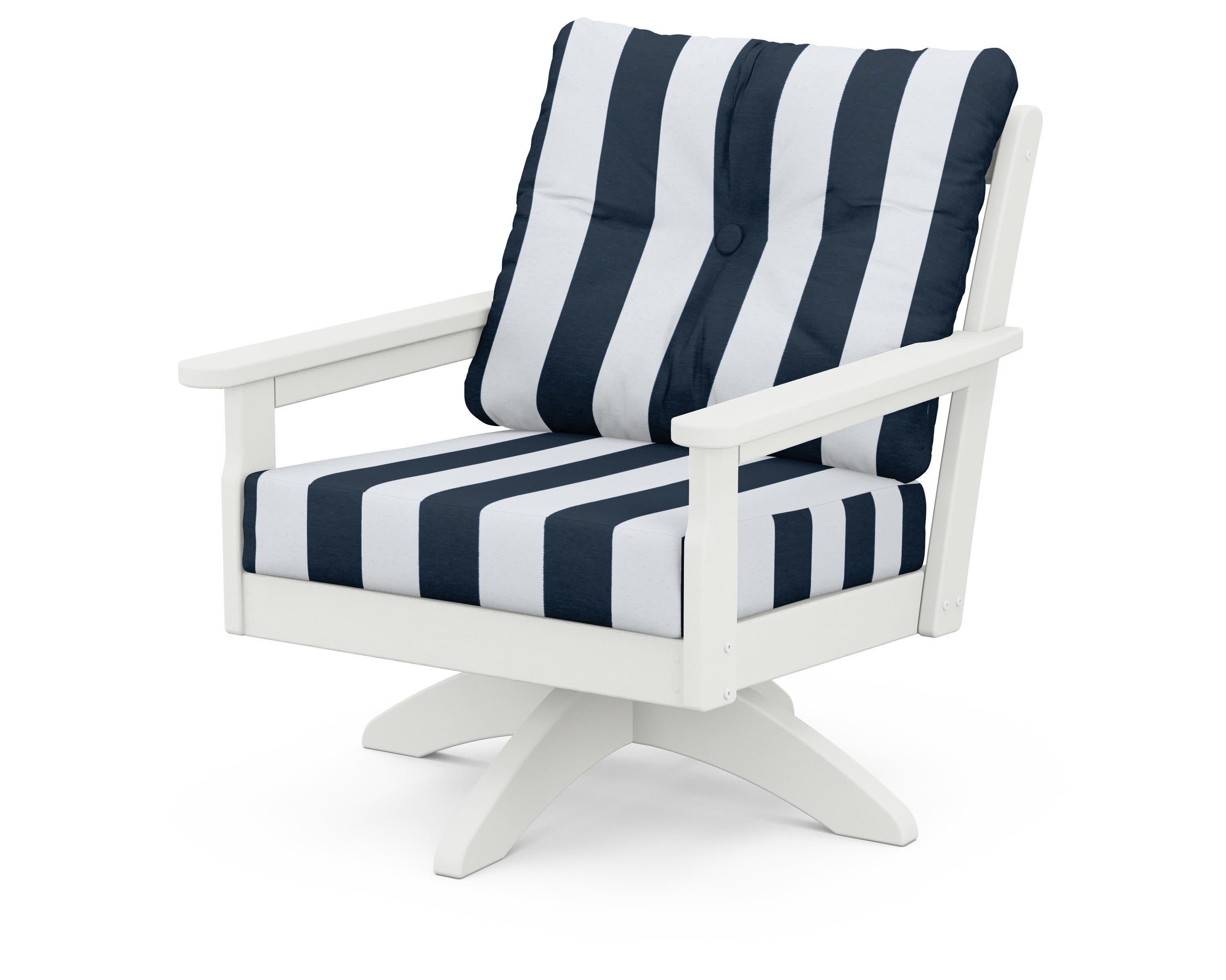 Vineyard Deep Seating Swivel Chair in Vintage White / Cabana Stripe Marine Indigo