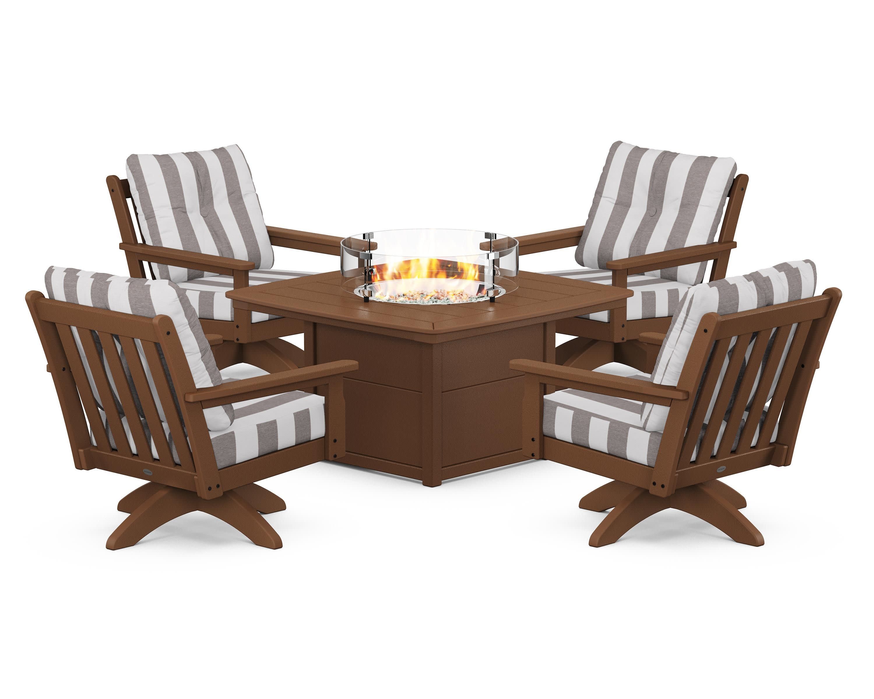 Vineyard 5-Piece Deep Seating Swivel Conversation Set with Fire Pit Table in Teak / Cabana Stripe Grey Mist
