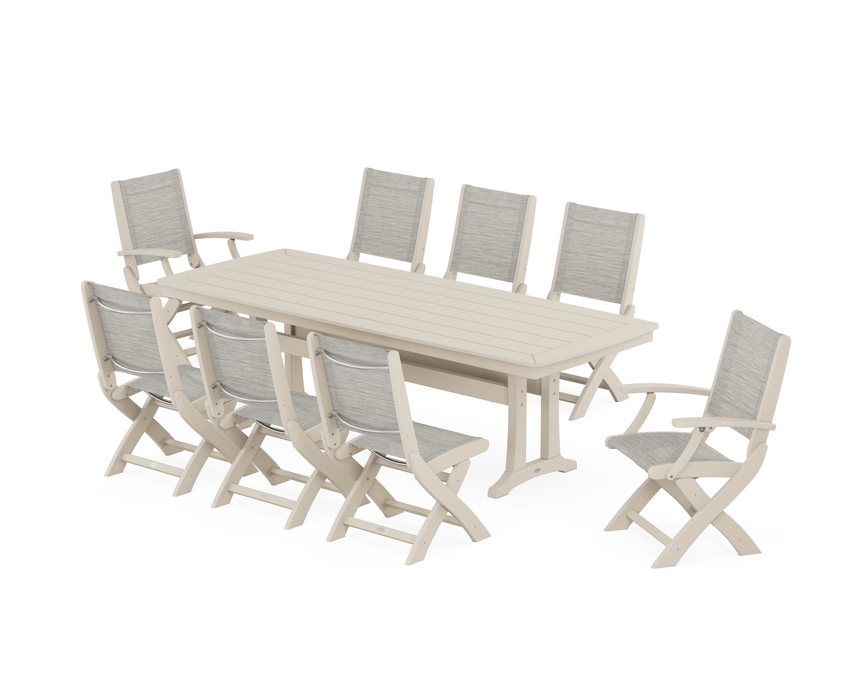Coastal Folding 9-Piece Dining Set with Trestle Legs in Sand / Birch Sling