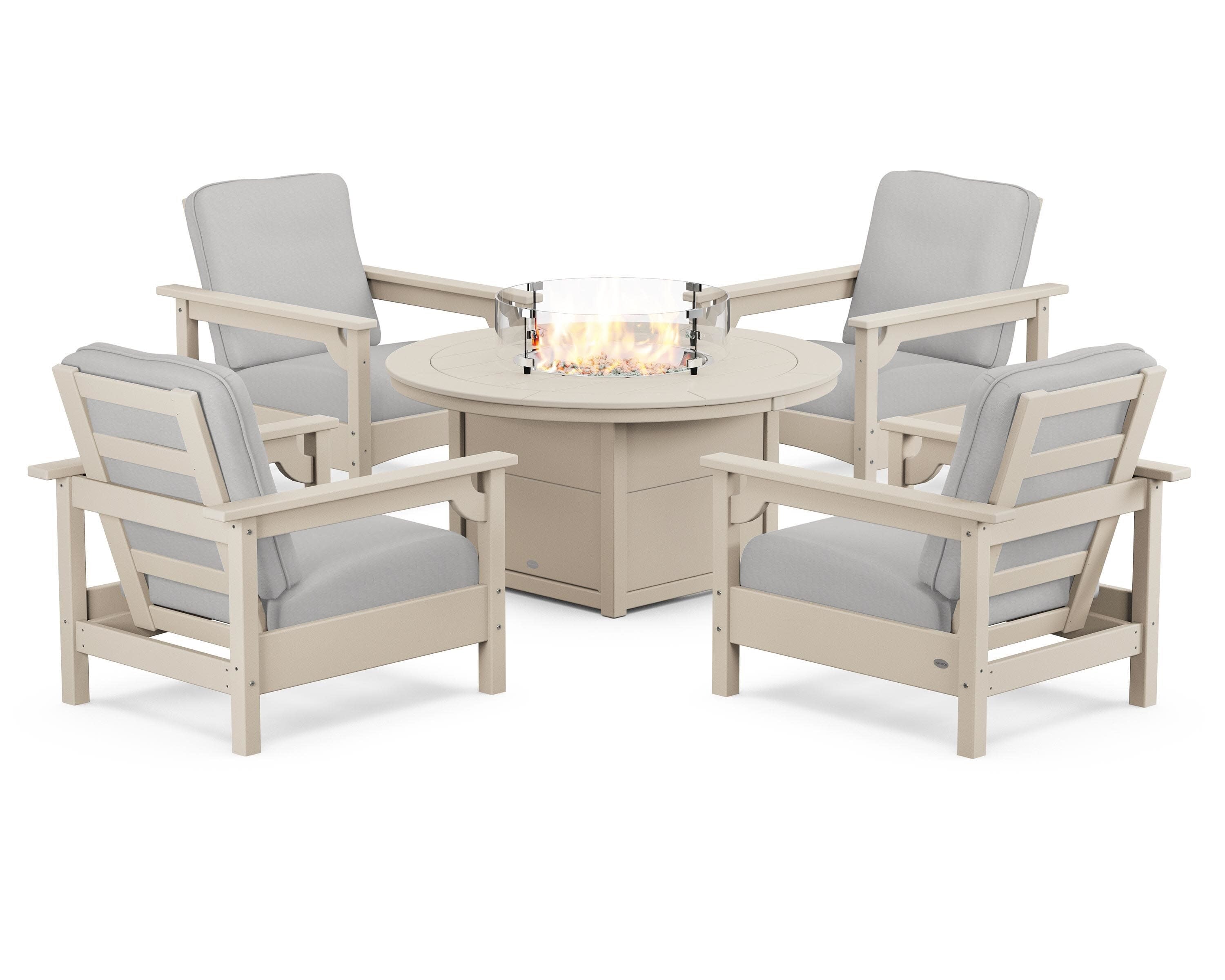 Club 5-Piece Conversation Set with Fire Pit Table in Sand / Diamond in the Rough