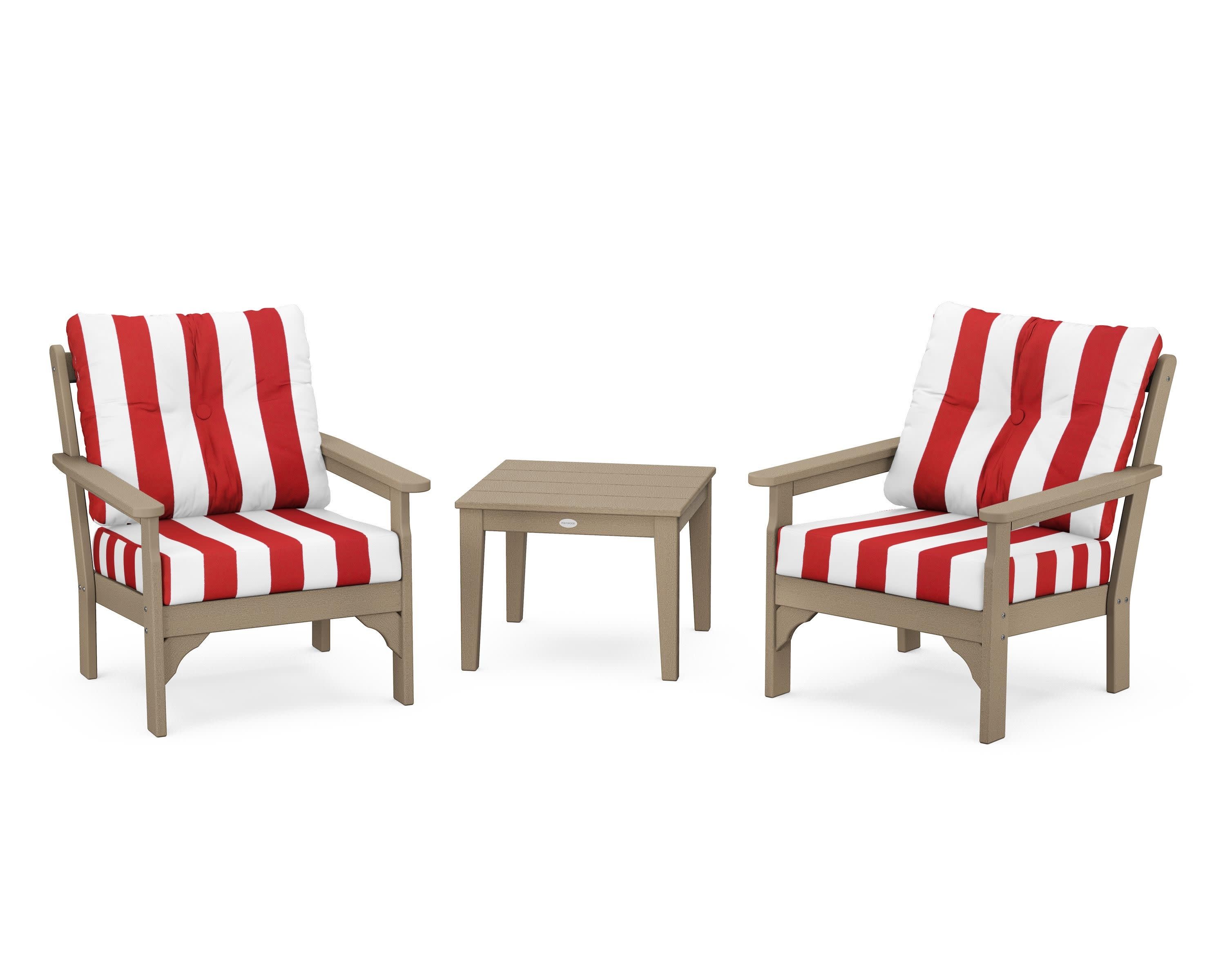 Vineyard 3-Piece Deep Seating Set in Vintage Sahara / Cabana Stripe Crimson