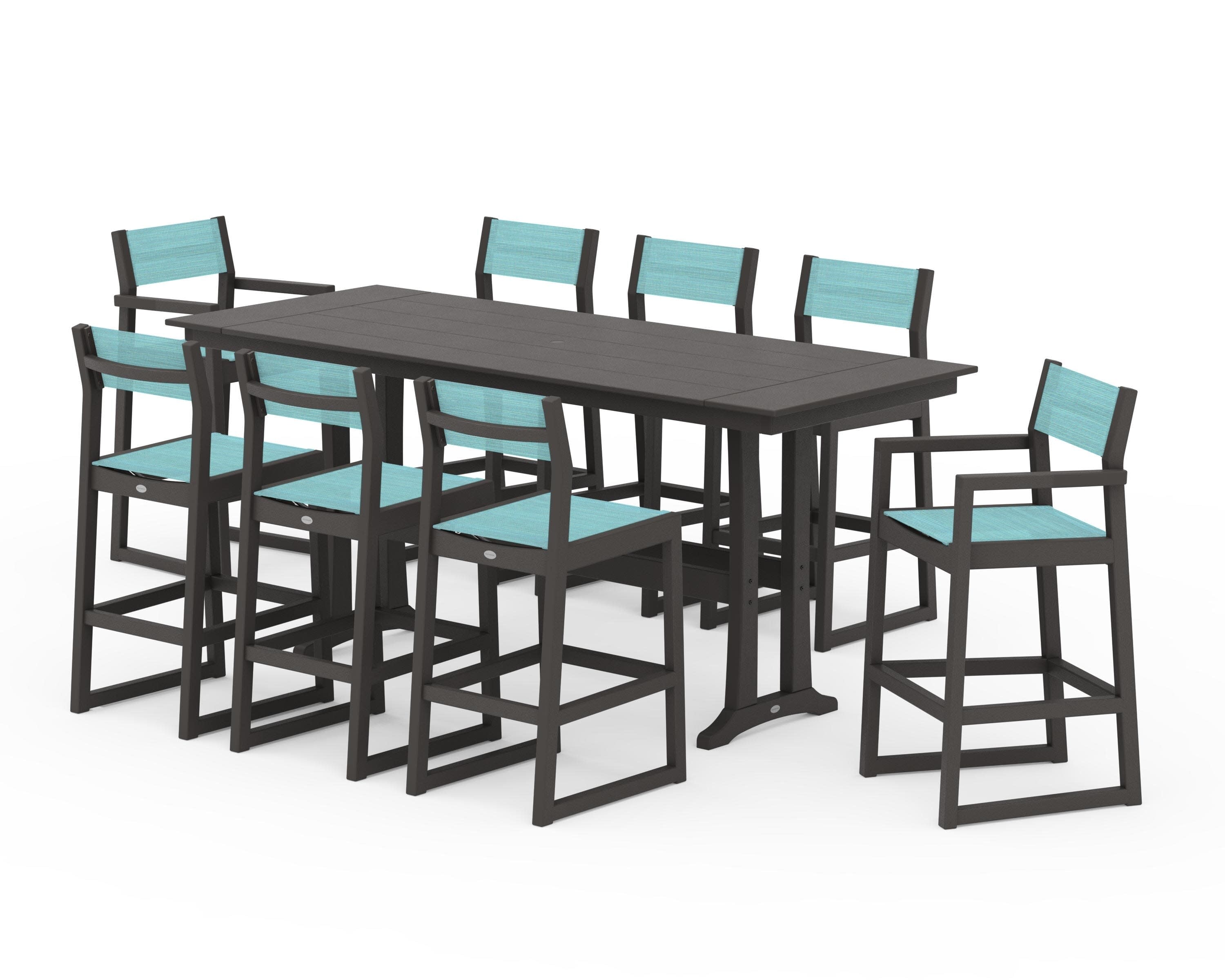 EDGE Sling 9-Piece Farmhouse Bar Set with Trestle Legs in Vintage Coffee / Dupioni Aquamarine Sling