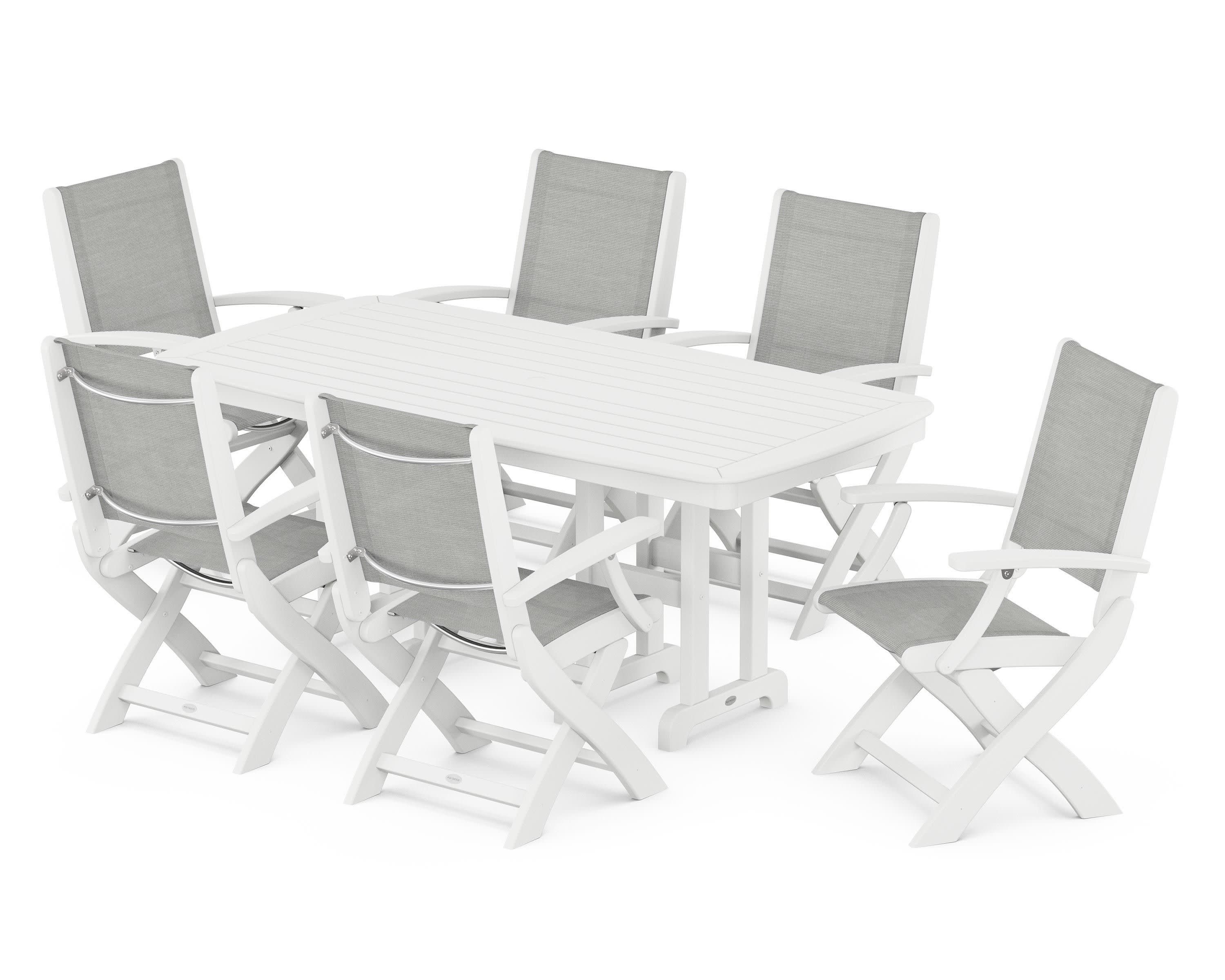 Coastal Folding Arm Chair 7-Piece Dining Set in White / Metallic Sling
