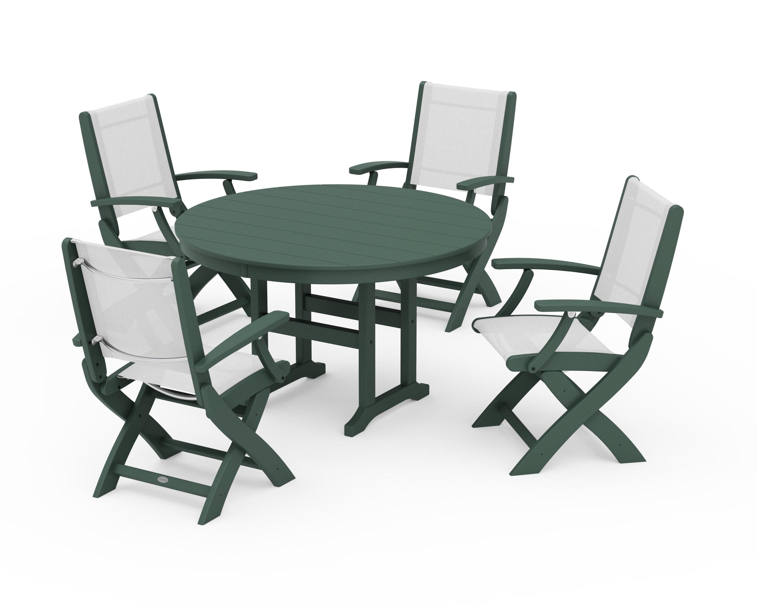Coastal Folding Chair 5-Piece Round Dining Set in Green / White Sling