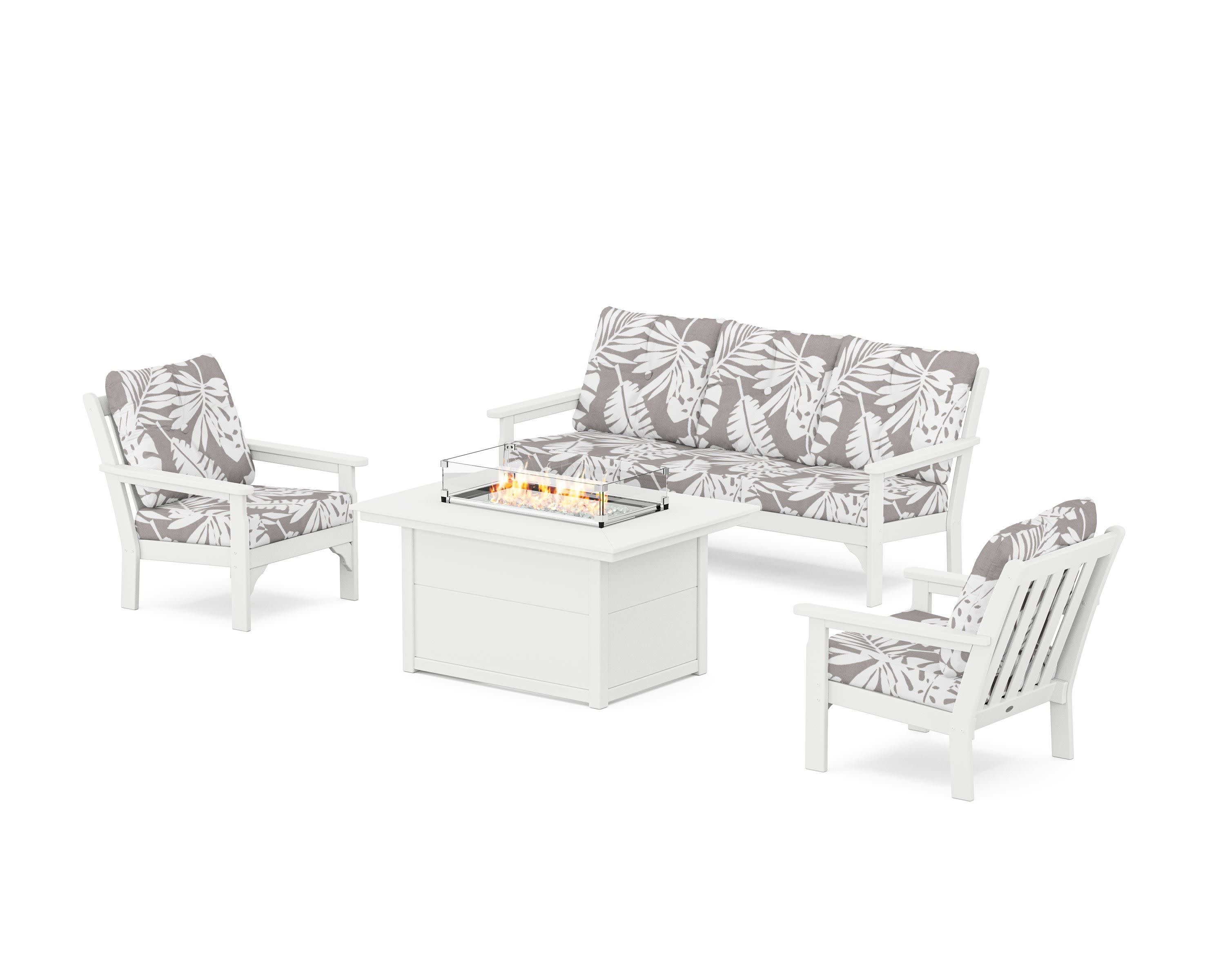 Vineyard Deep Seating Fire Pit Table Set in White / Leaf Grey Mist