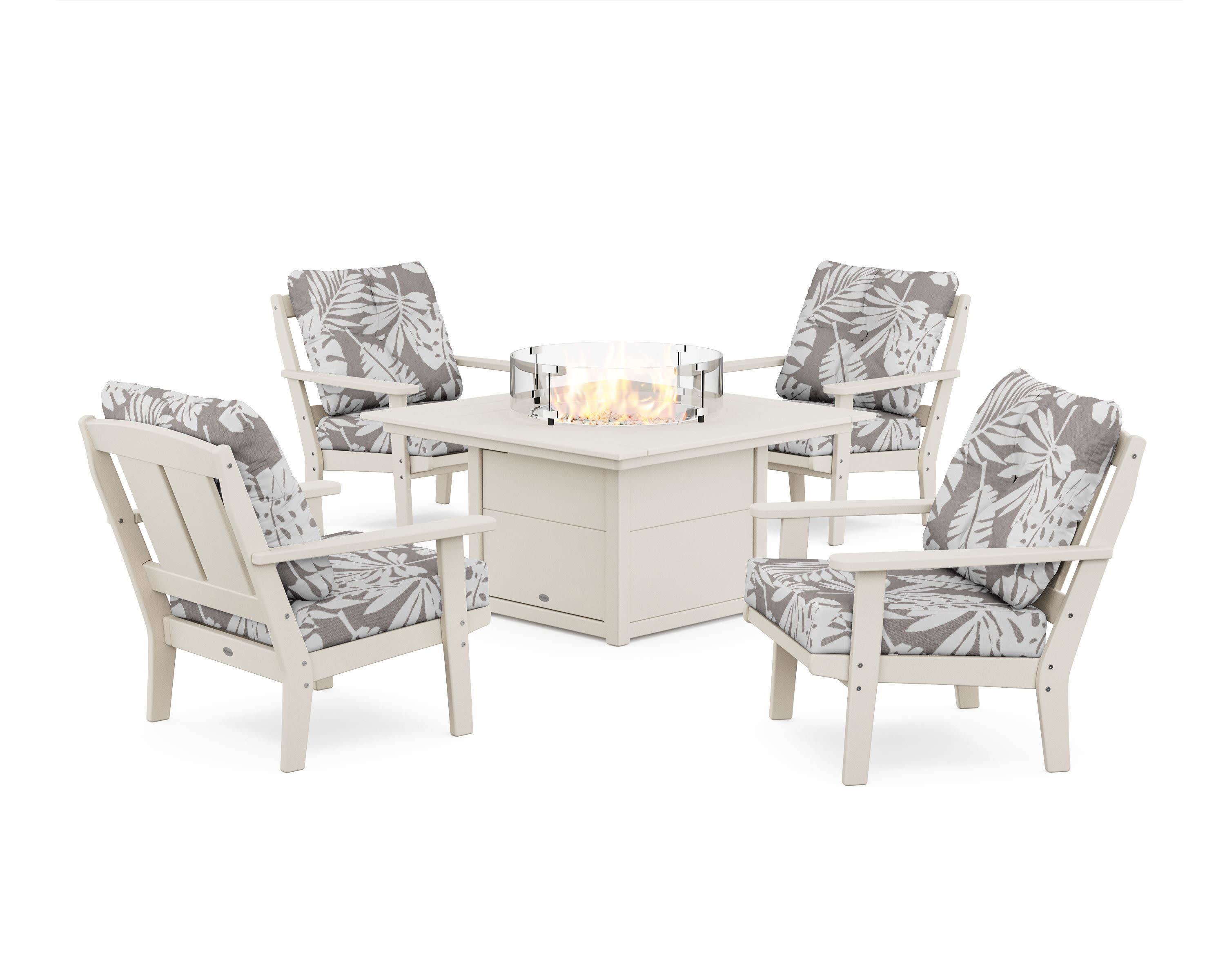 Mission 5-Piece Deep Seating Set with Fire Pit Table in Sand / Leaf Grey Mist