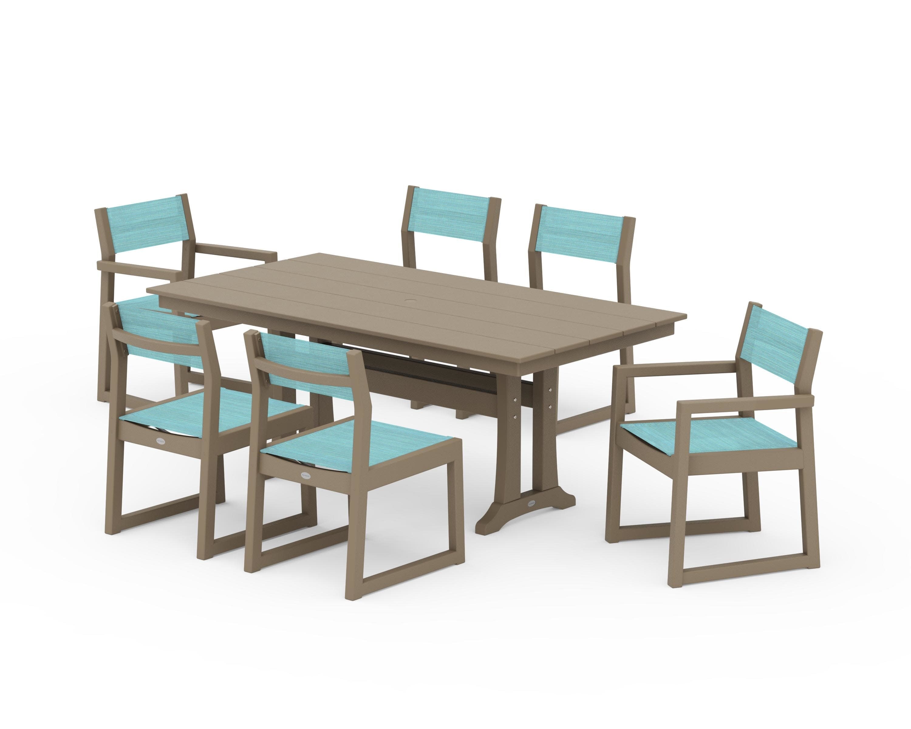 EDGE Sling 7-Piece Farmhouse Trestle Dining Set in Vintage Sahara / Dupioni Aquamarine Sling