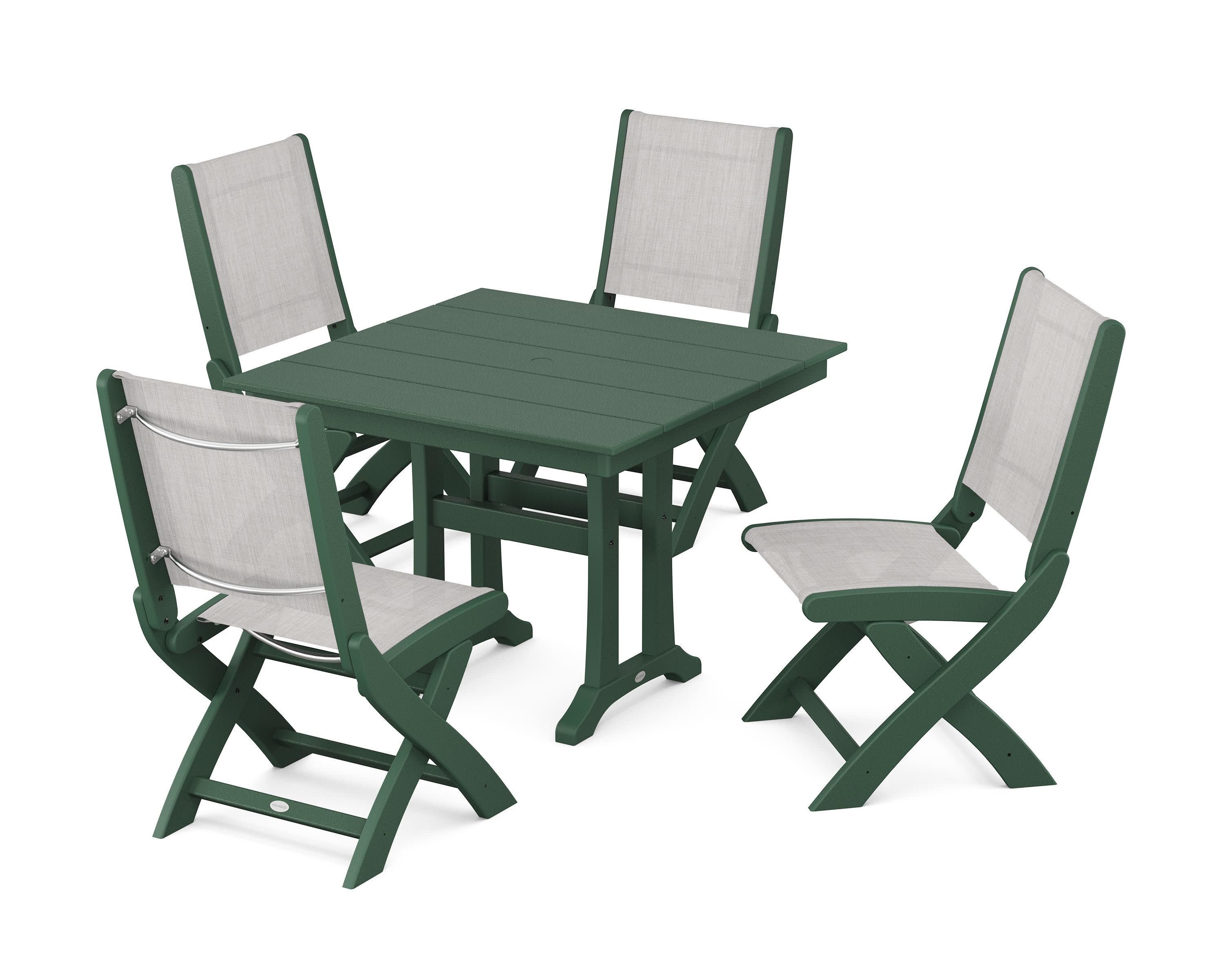 Coastal Folding Side Chair 5-Piece Farmhouse Dining Set With Trestle Legs in Green / Parchment Sling