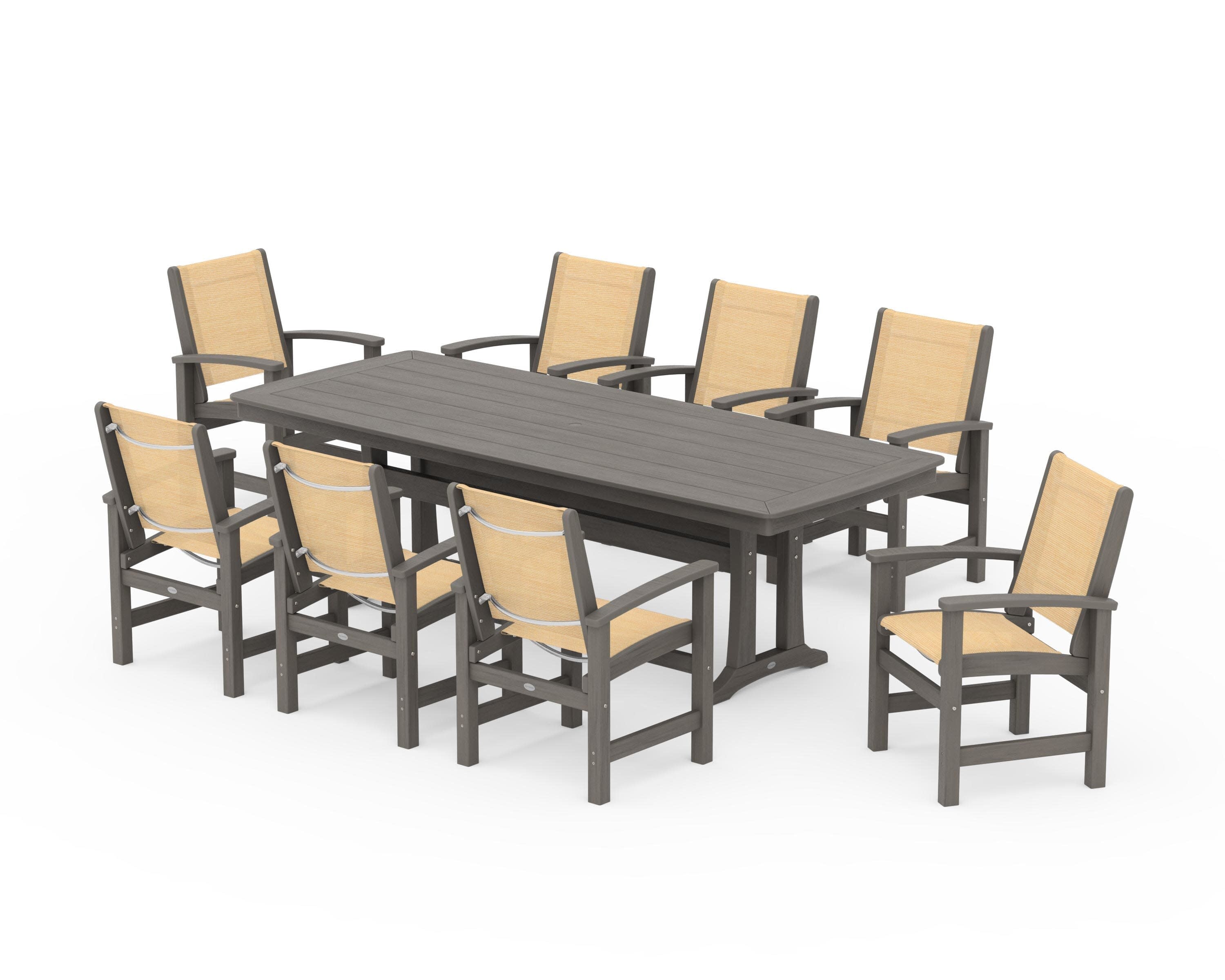 Coastal 9-Piece Dining Set with Trestle Legs in Driftwood / Dupioni Apricot Sling