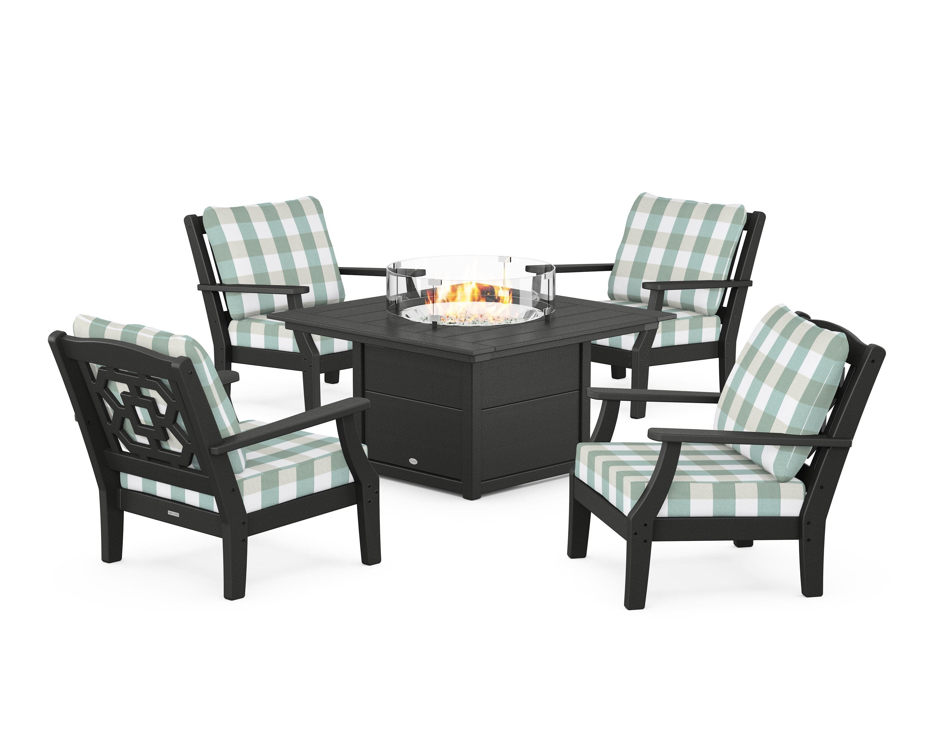 Chinoiserie 5-Piece Deep Seating Set with Fire Pit Table in Black / Buffalo Plaid Glacier Spa