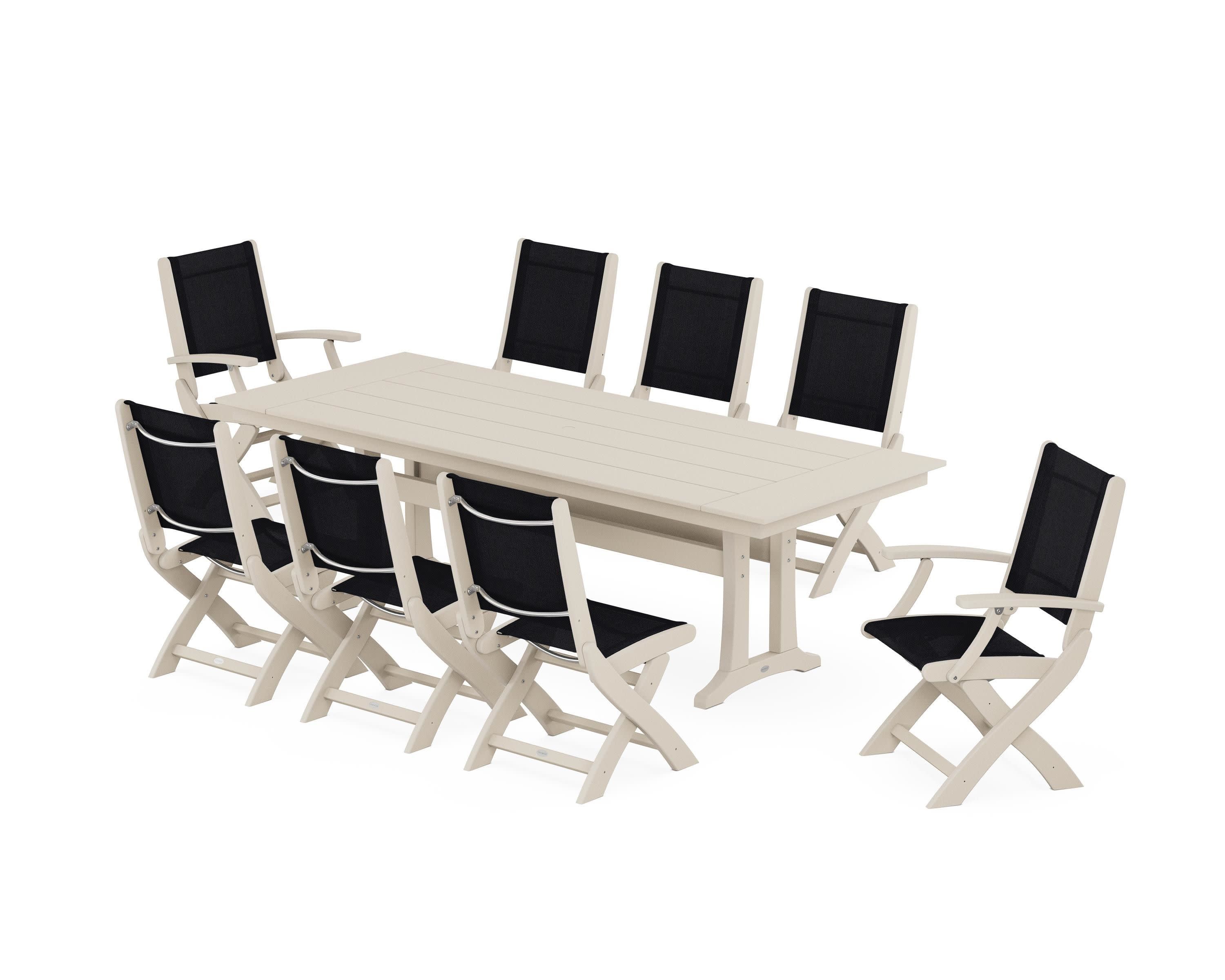 Coastal 9-Piece Folding Dining Chair Farmhouse Dining Set with Trestle Legs in Sand / Black Sling