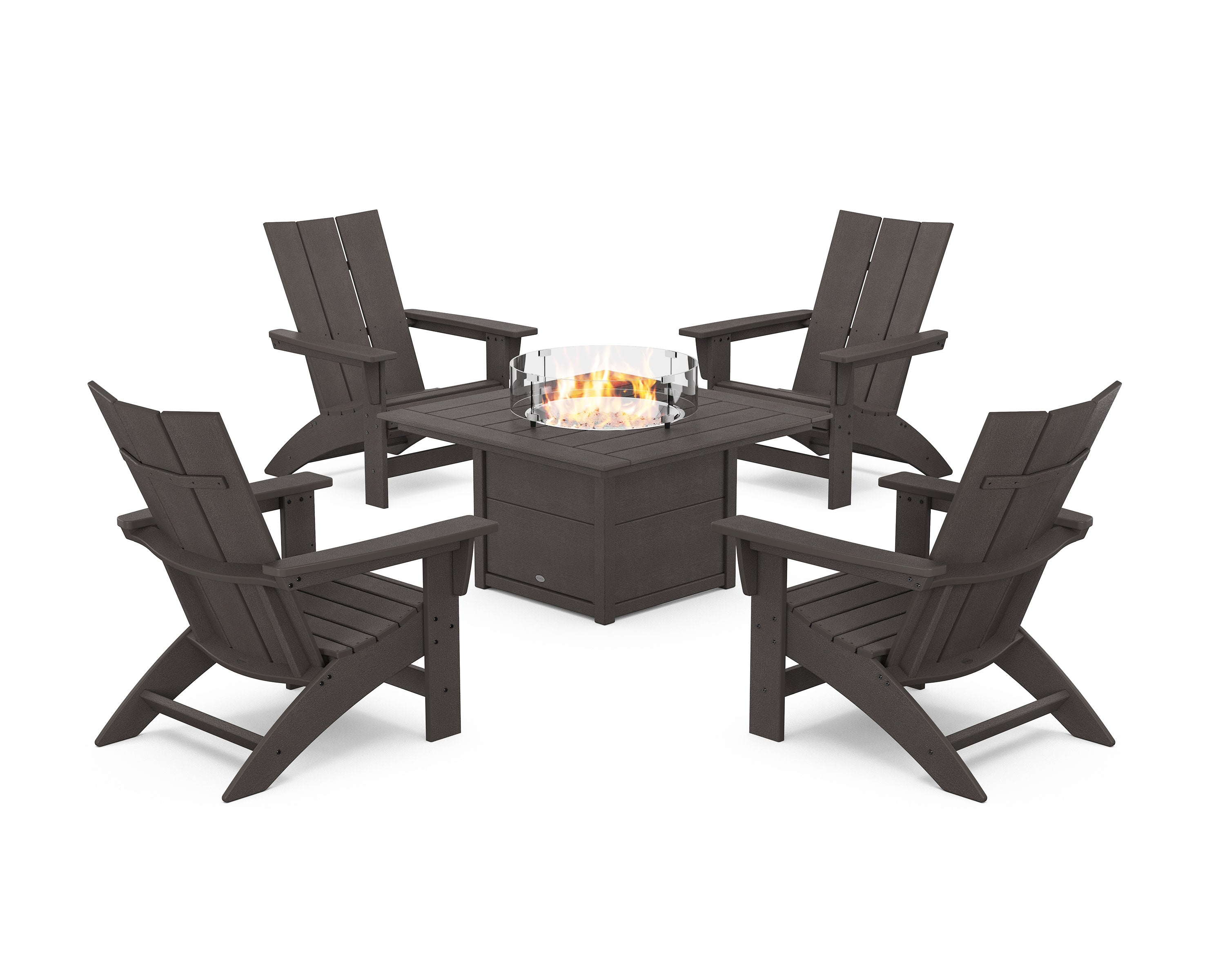 5-Piece Modern Grand Adirondack Conversation Set with Fire Pit Table in Vintage Coffee
