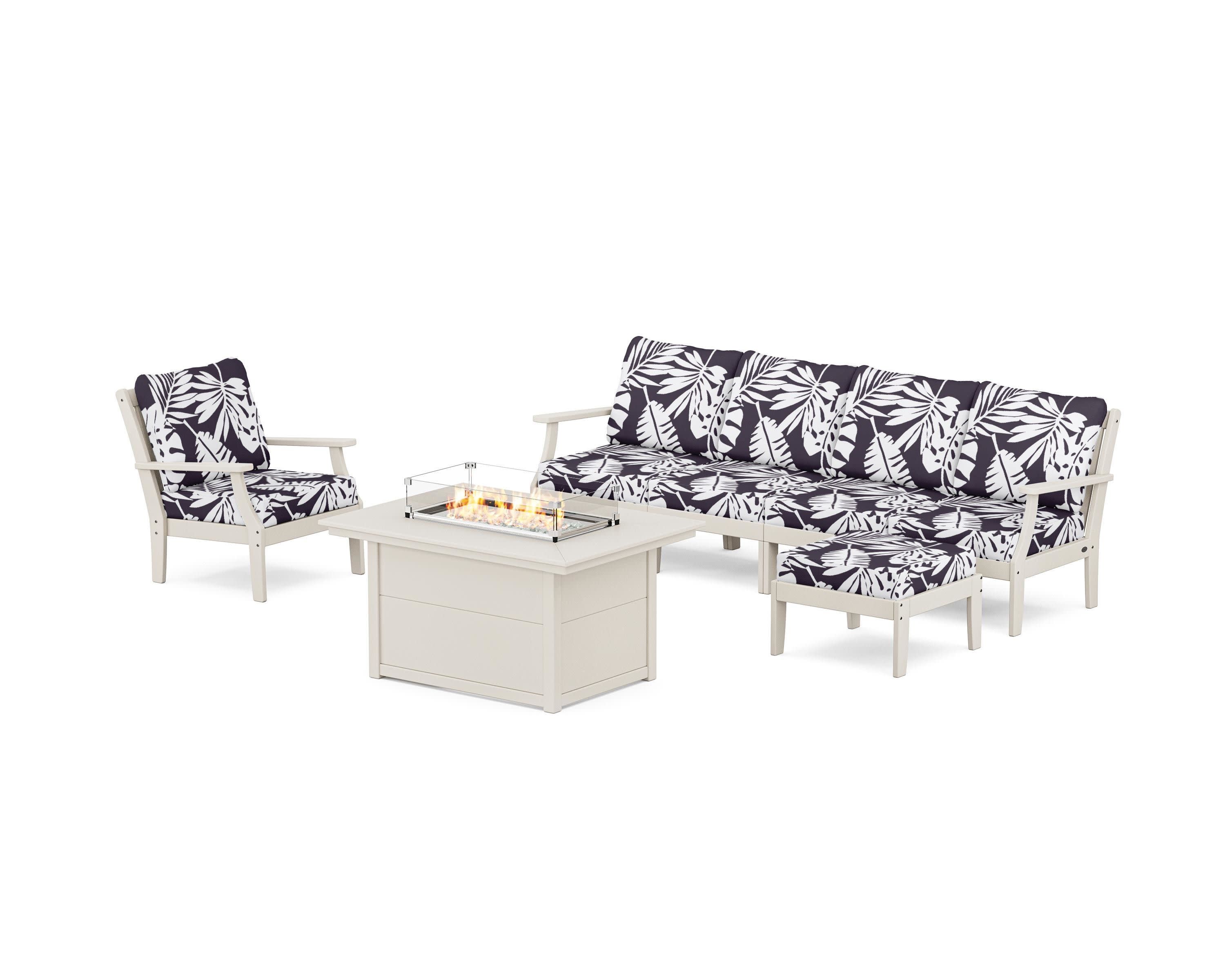 Braxton Sectional Lounge and Fire Pit Set in Sand / Leaf Navy
