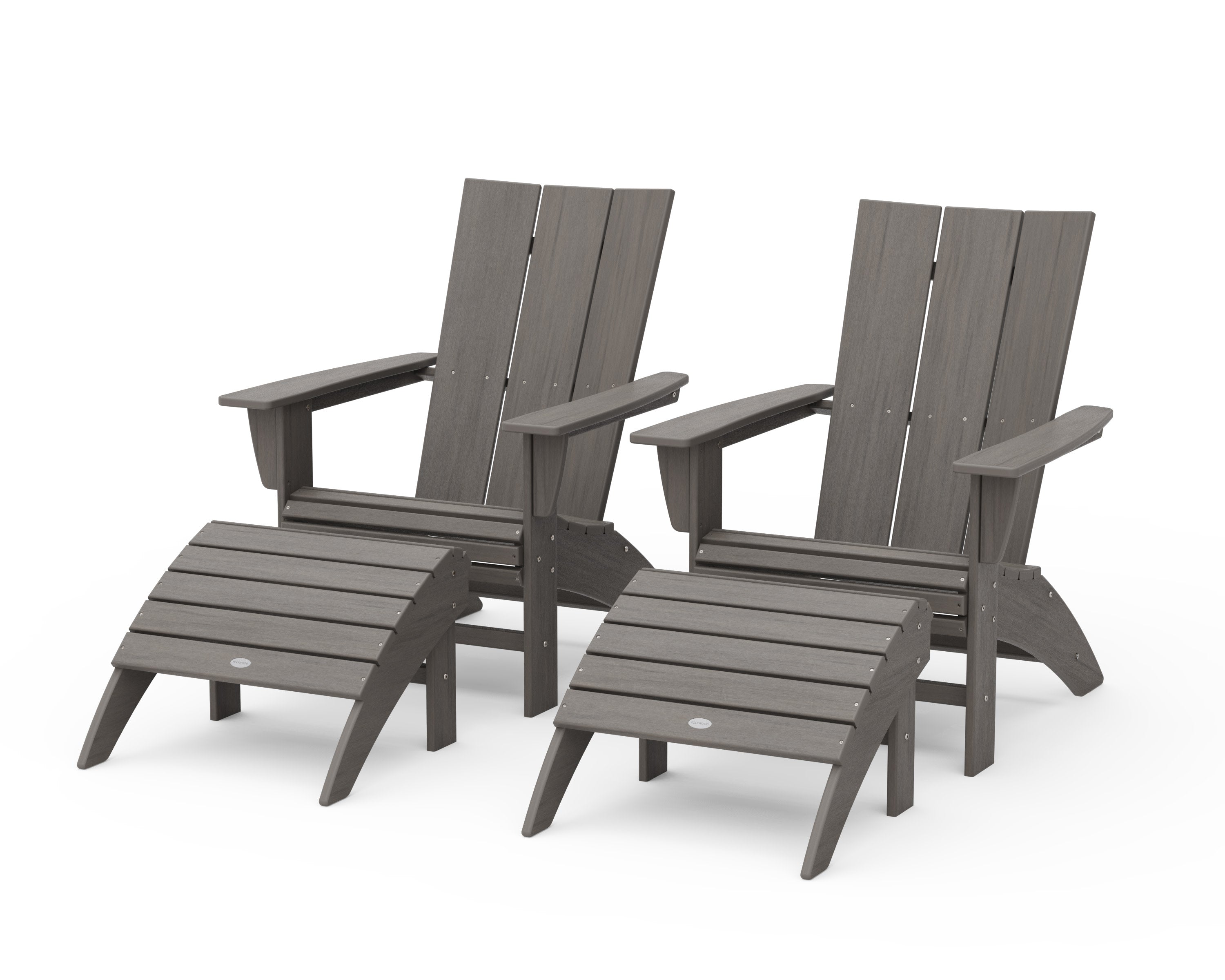 Modern Curveback Adirondack Chair 4-Piece Set with Ottomans in Driftwood