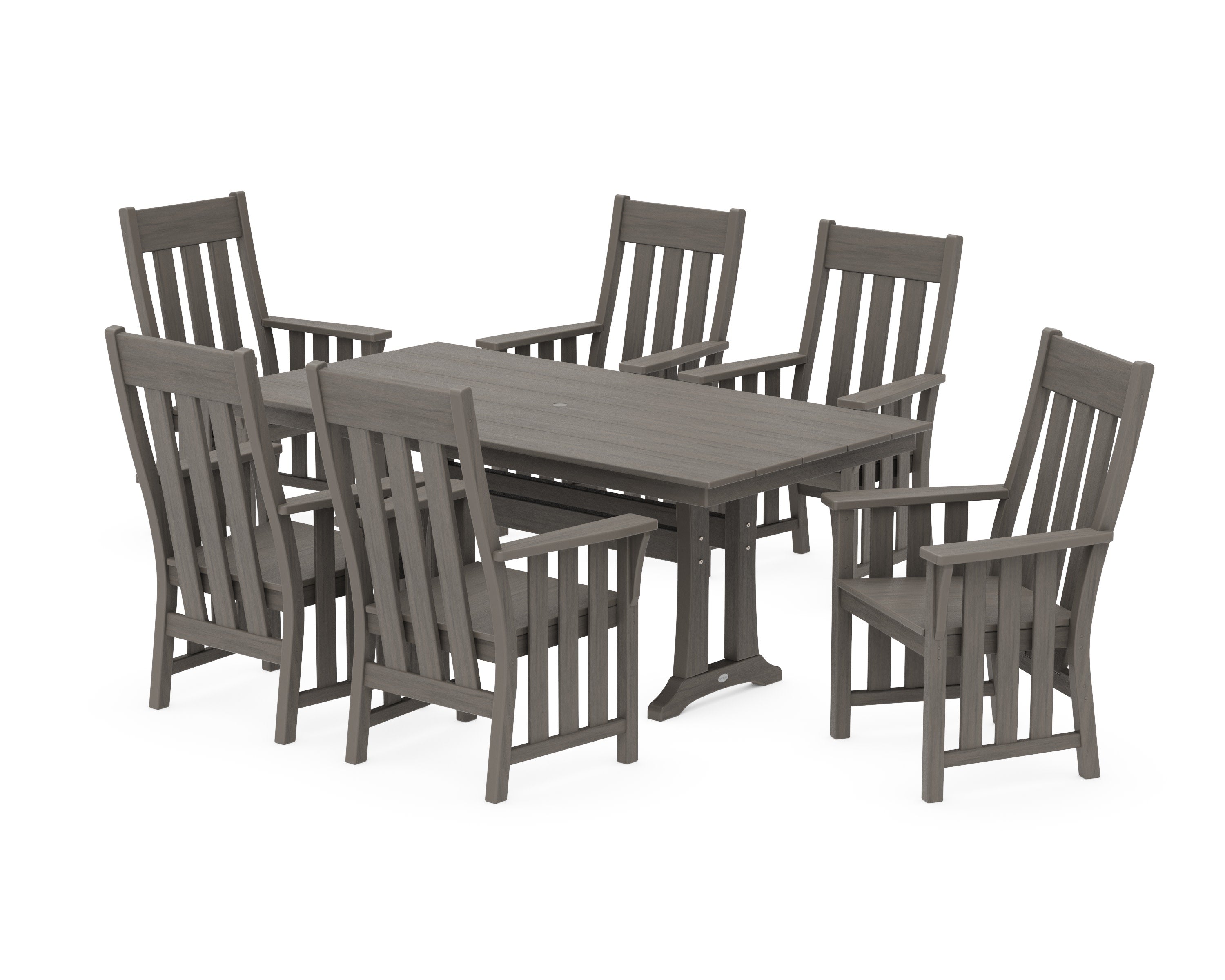 Acadia Arm Chair 7-Piece Farmhouse Dining Set with Trestle Legs in Driftwood