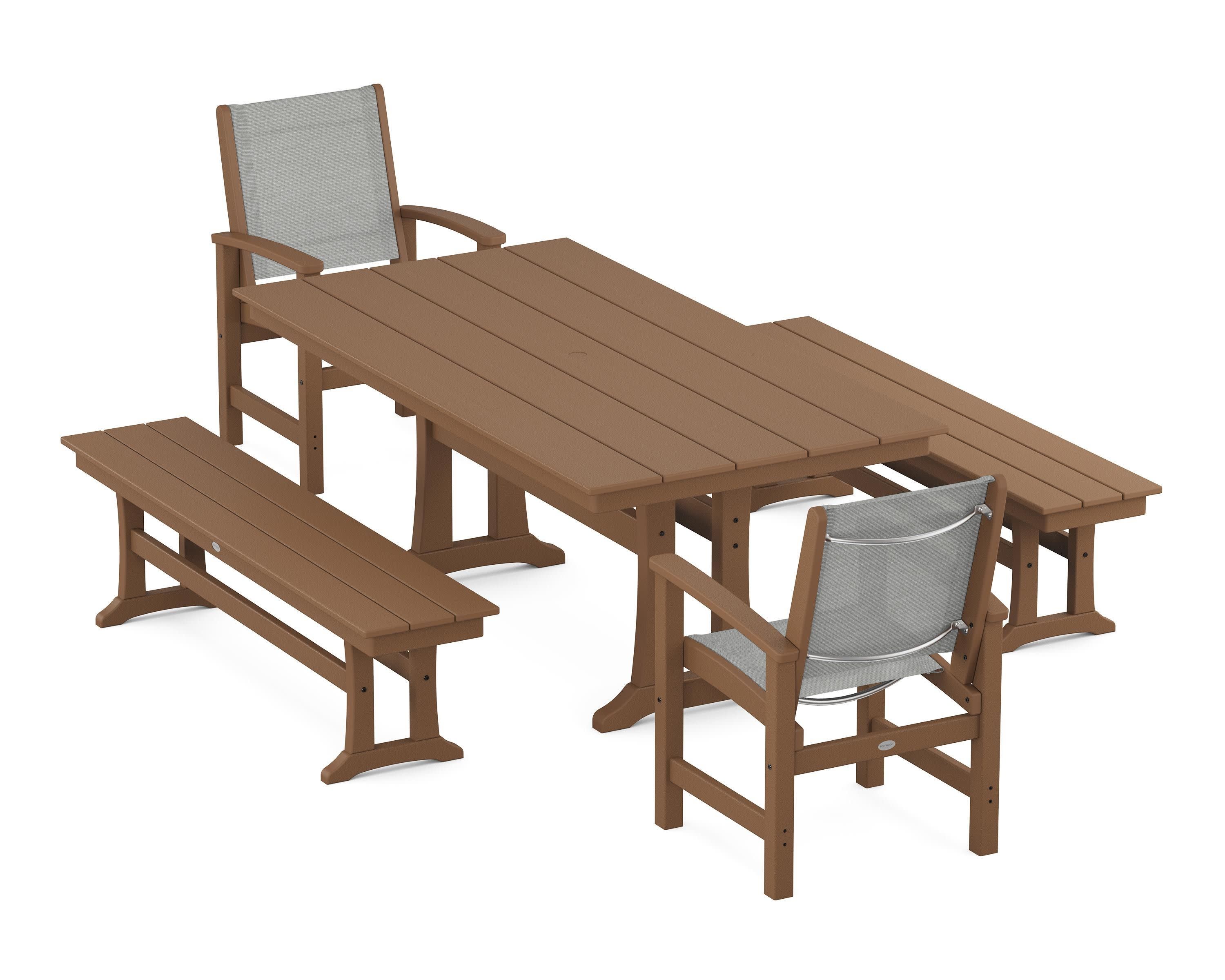 Coastal 5-Piece Farmhouse Dining Set with Trestle Legs and Benches in Teak / Metallic Sling