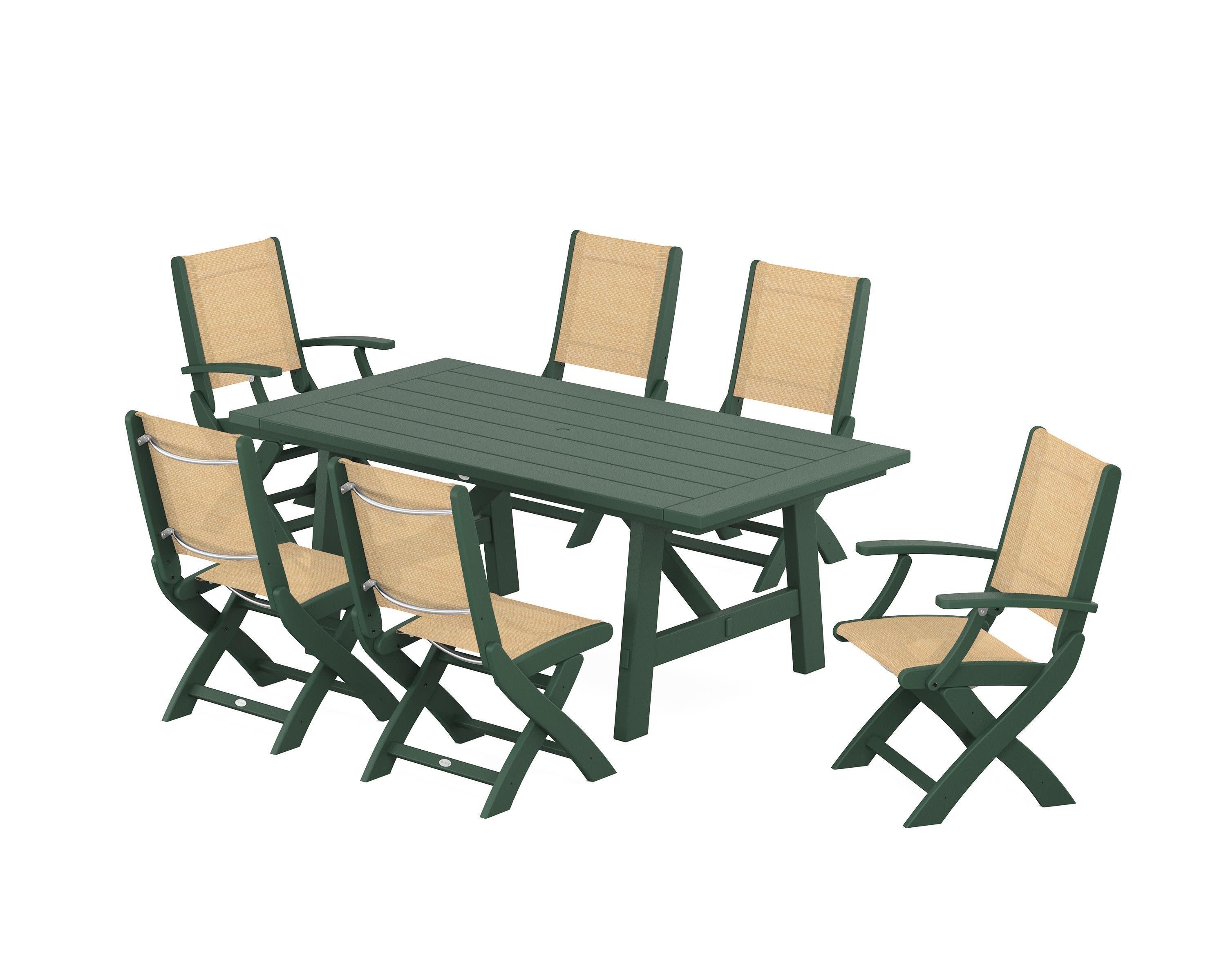 Coastal Folding Chair 7-Piece Rustic Farmhouse Dining Set in Green / Dupioni Apricot Sling