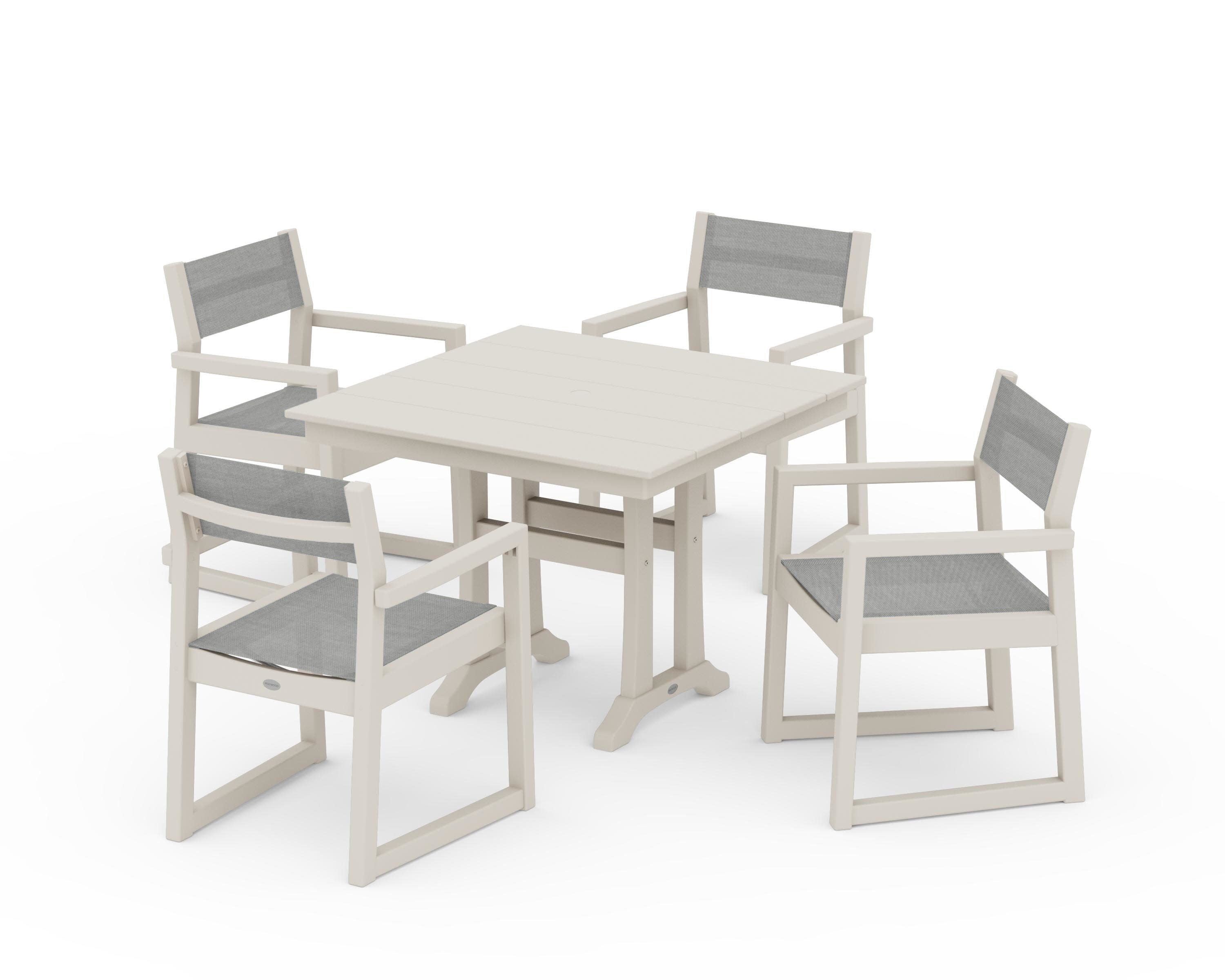 EDGE Sling 5-Piece Farmhouse Dining Set with Trestle Legs in Sand / Metallic Sling