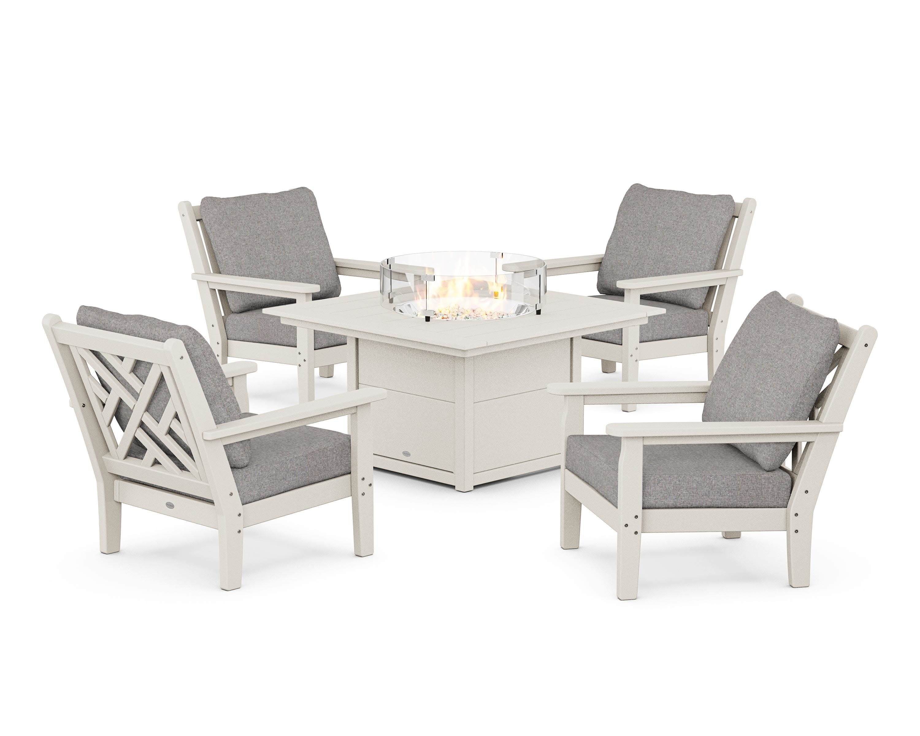 Chippendale 5-Piece Deep Seating Set with Fire Pit Table in Sand / Grey Mist