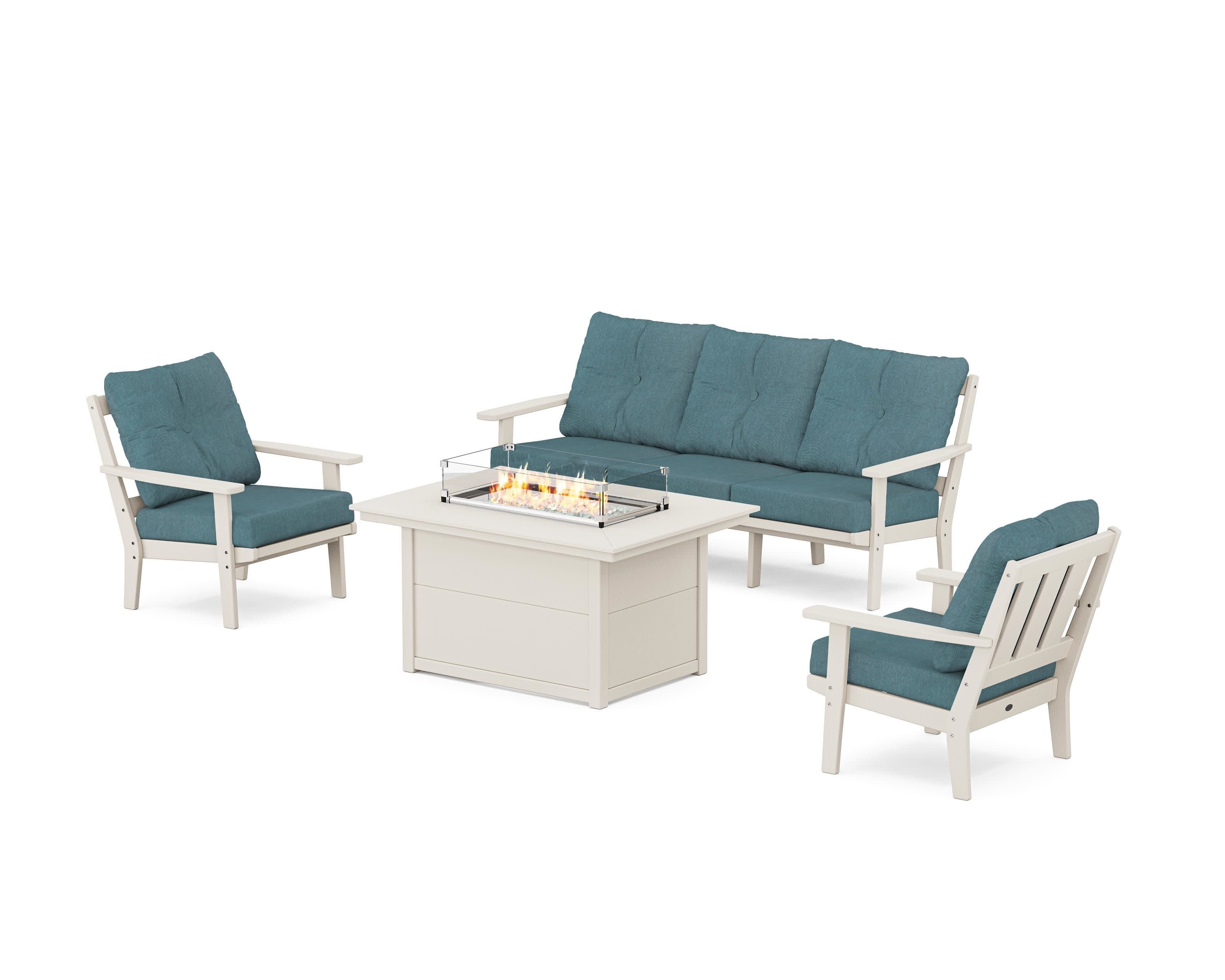 Oxford Deep Seating Fire Pit Table Set in Sand / Ocean Teal