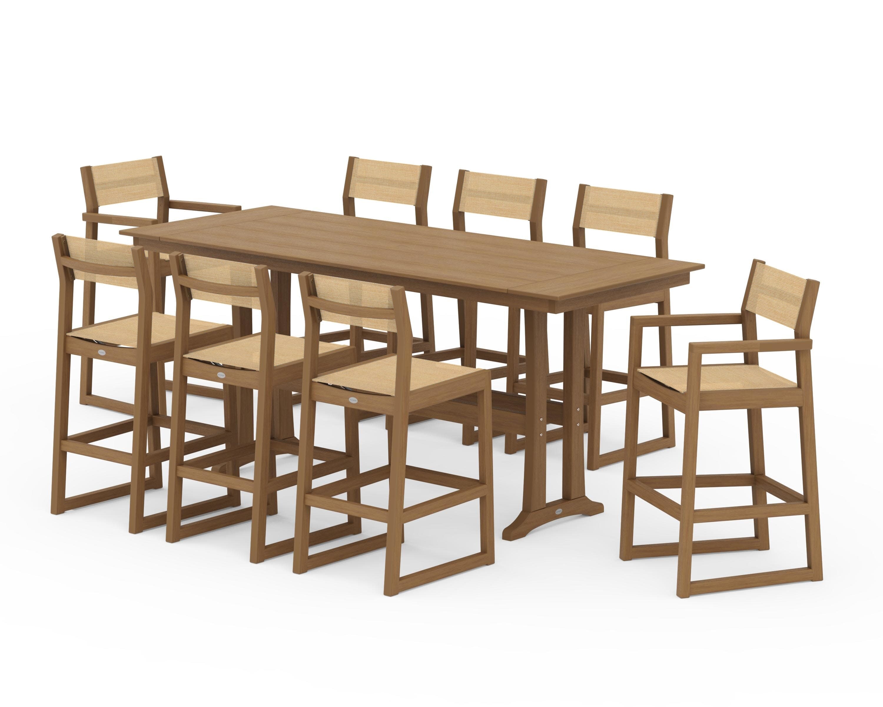 EDGE Sling 9-Piece Farmhouse Bar Set with Trestle Legs in Natural / Dupioni Apricot Sling