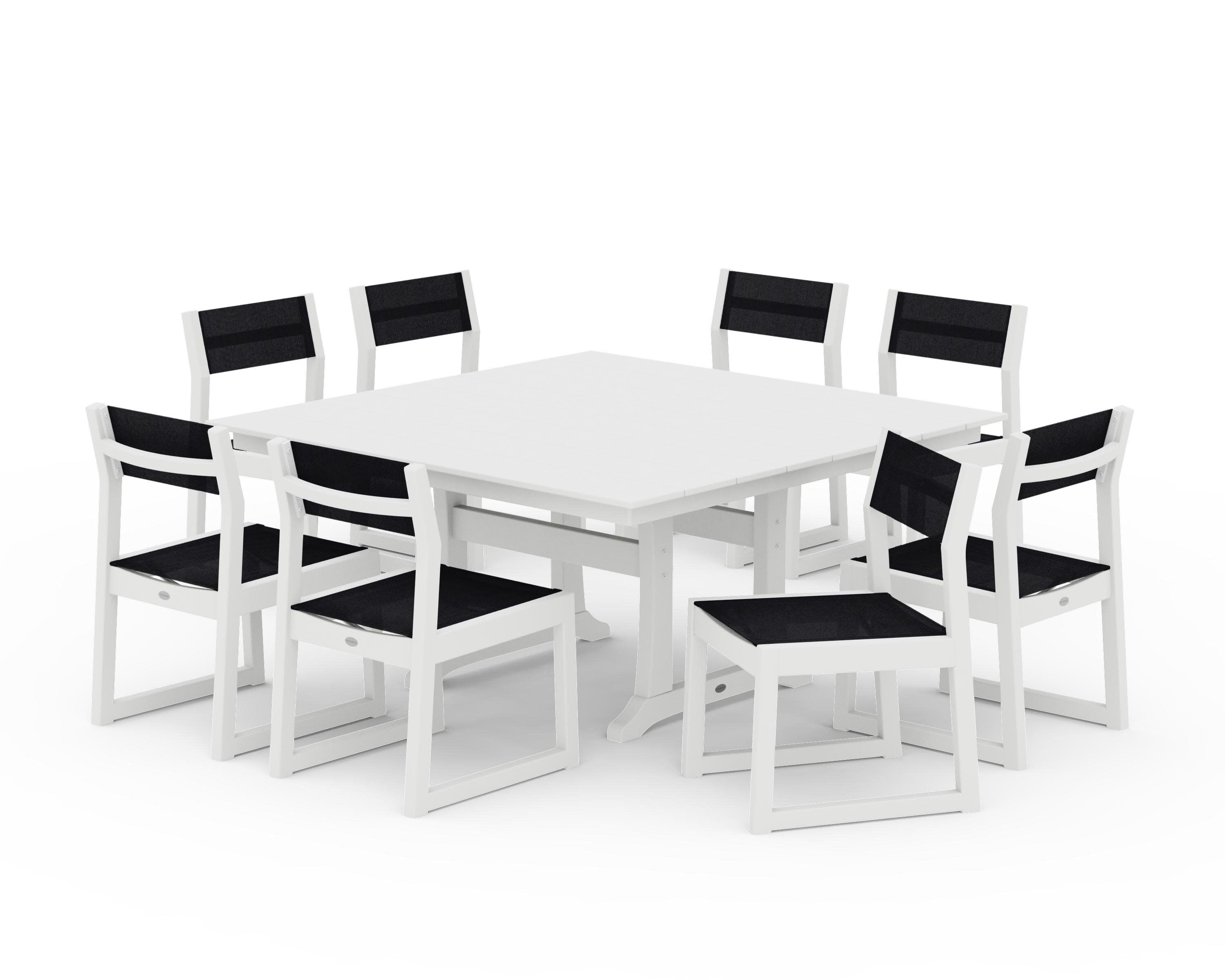 EDGE Sling Side Chair 9-Piece Farmhouse Trestle Dining Set in White / Black Sling