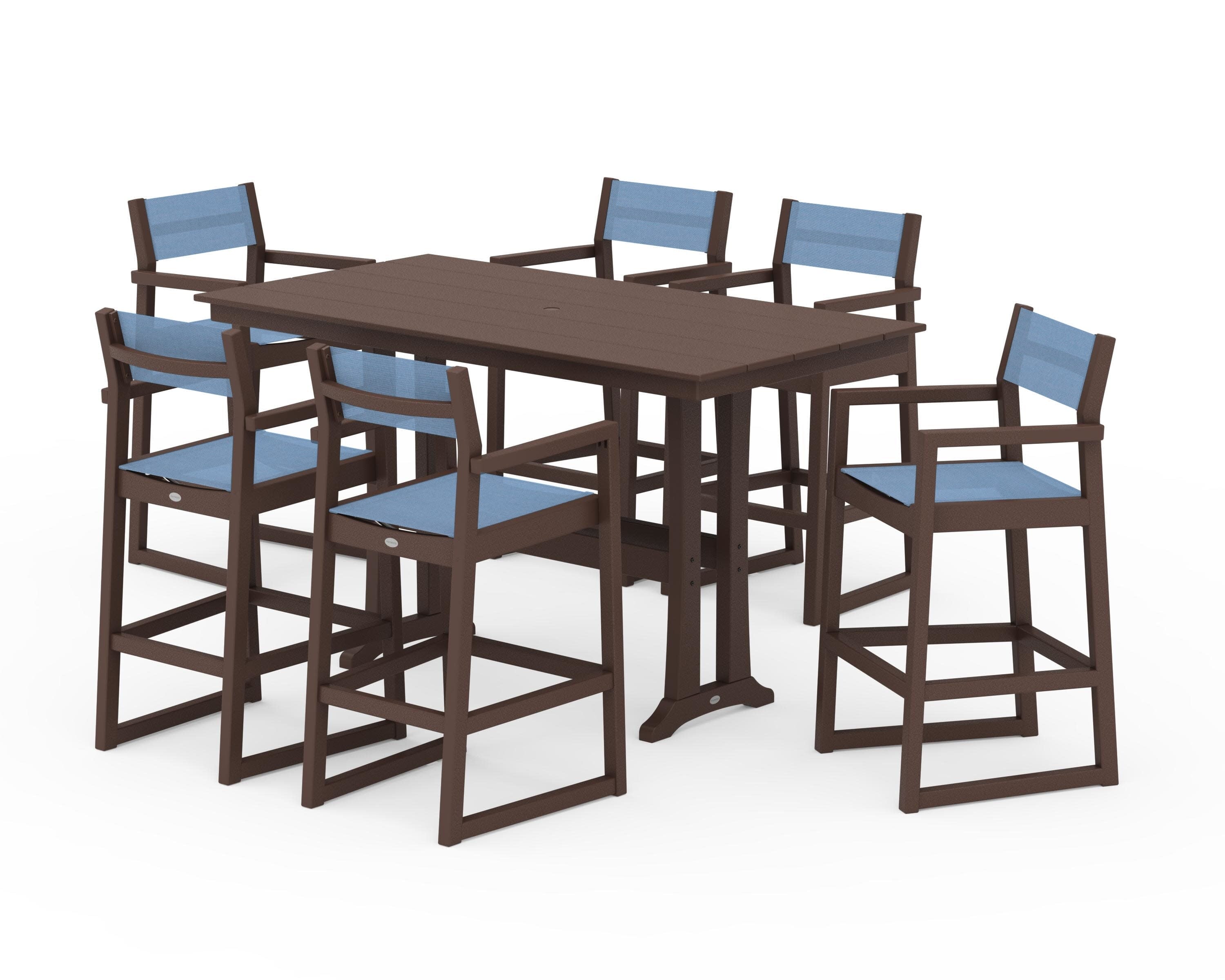 EDGE Sling Arm Chair 7-Piece Farmhouse Bar Set with Trestle Legs in Mahogany / Poolside Sling