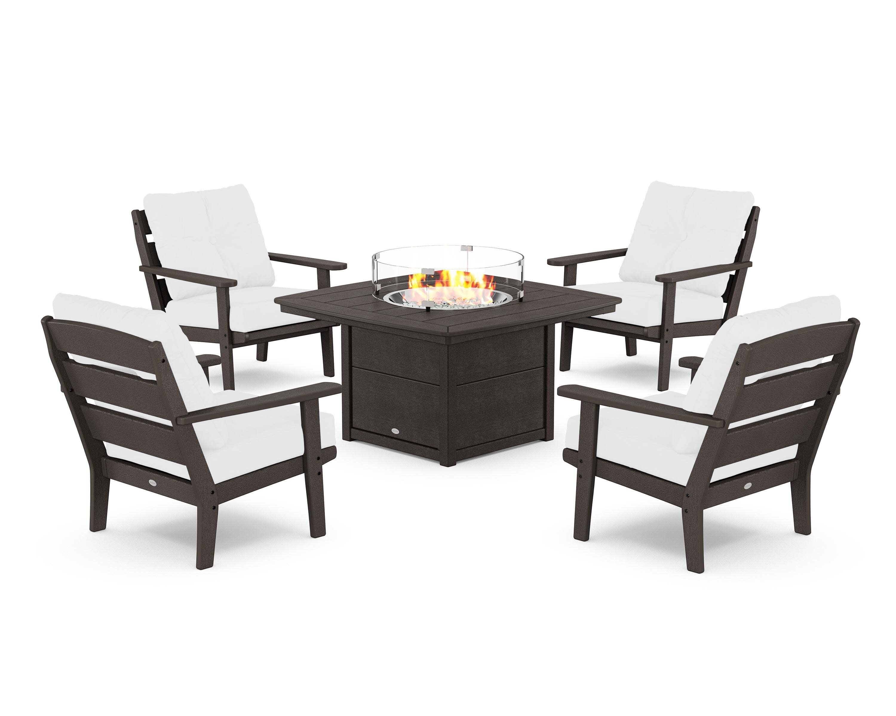 Lakeside 5-Piece Deep Seating Set with Nautical Fire Pit Table in Vintage Coffee / Natural