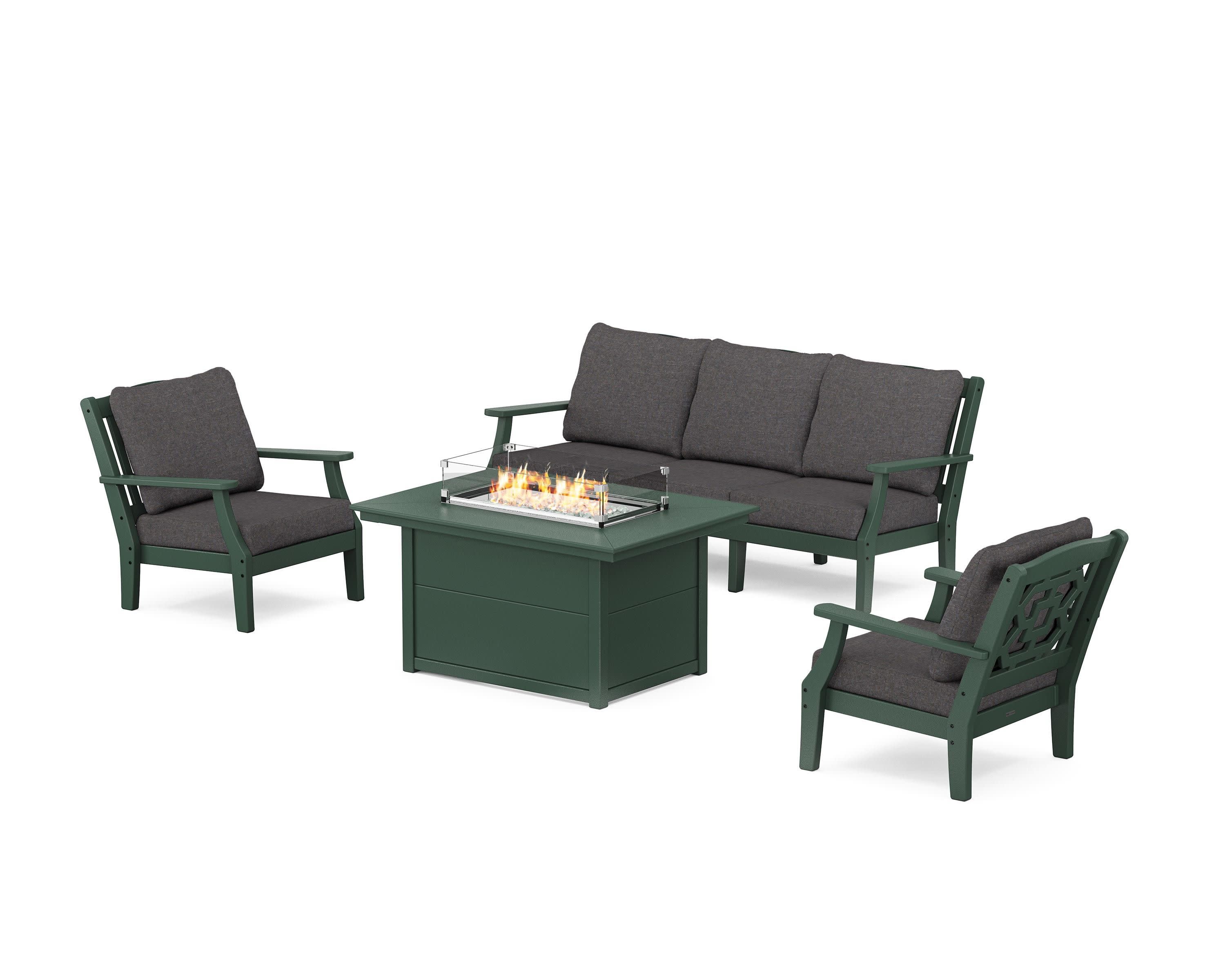 Chinoiserie Deep Seating Fire Pit Table Set in Green / Ash Charcoal