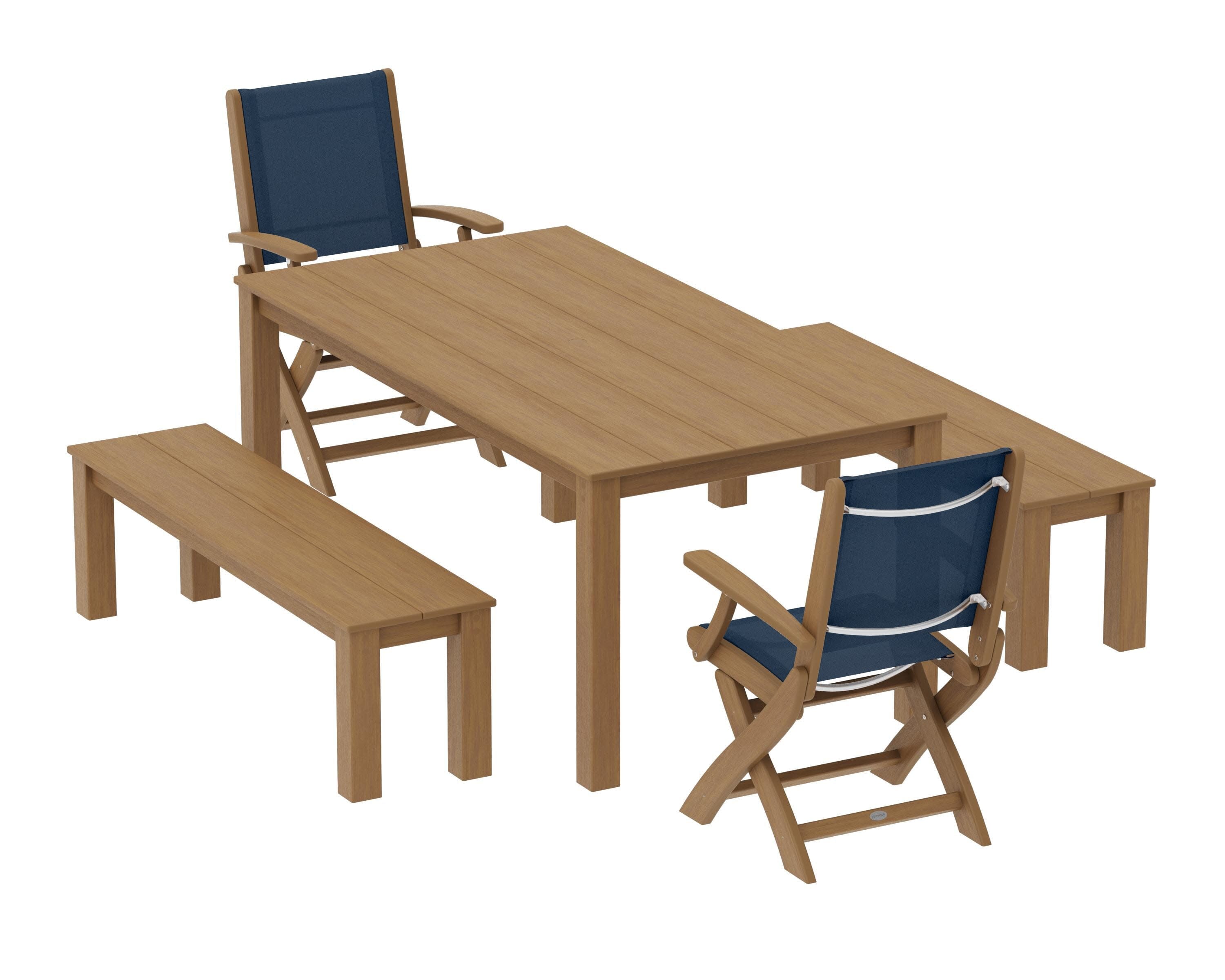 Coastal Folding Chair 5-Piece Parsons Dining Set with Benches in Natural / Navy Blue Sling