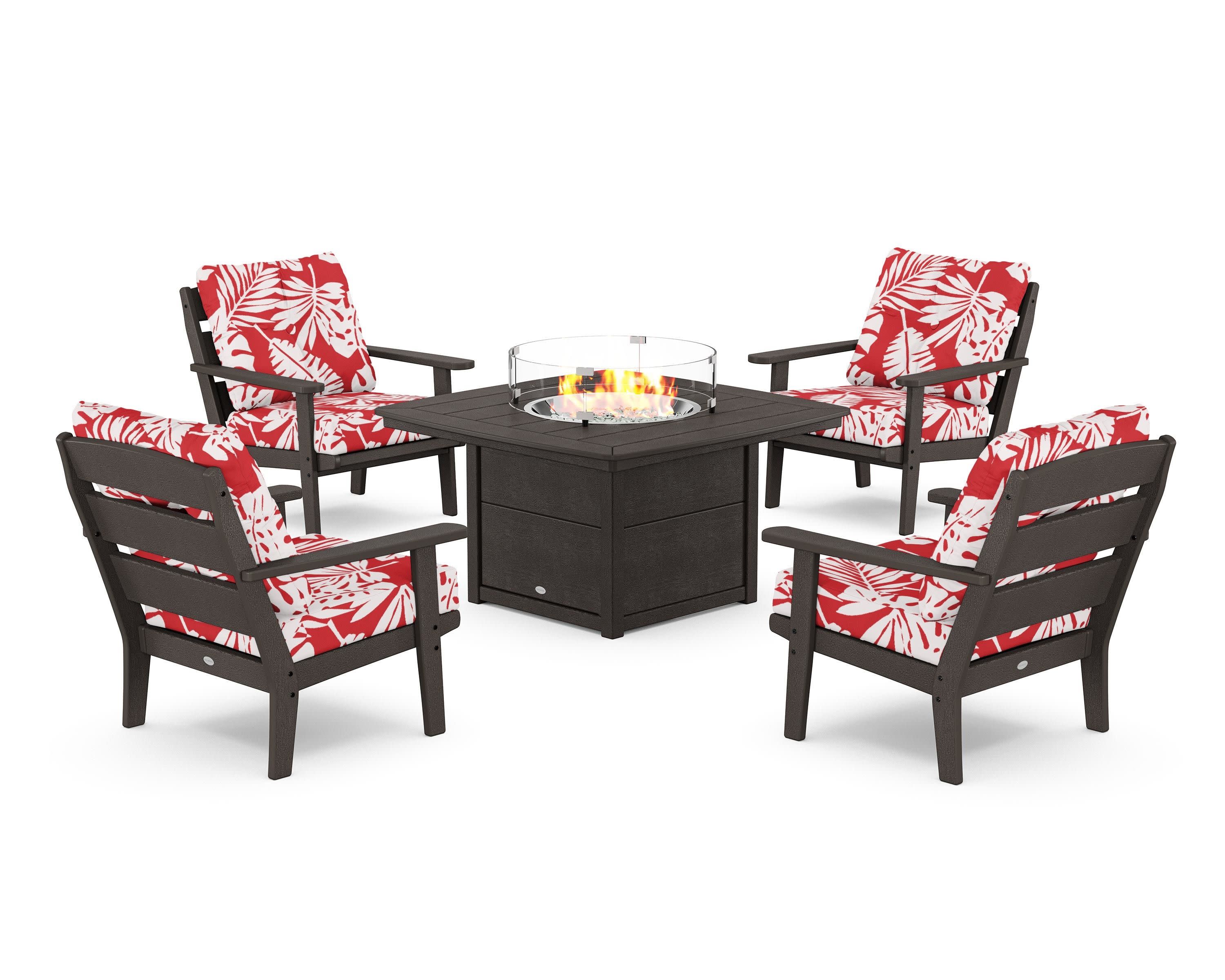 Lakeside 5-Piece Deep Seating Set with Nautical Fire Pit Table in Vintage Coffee / Leaf Crimson